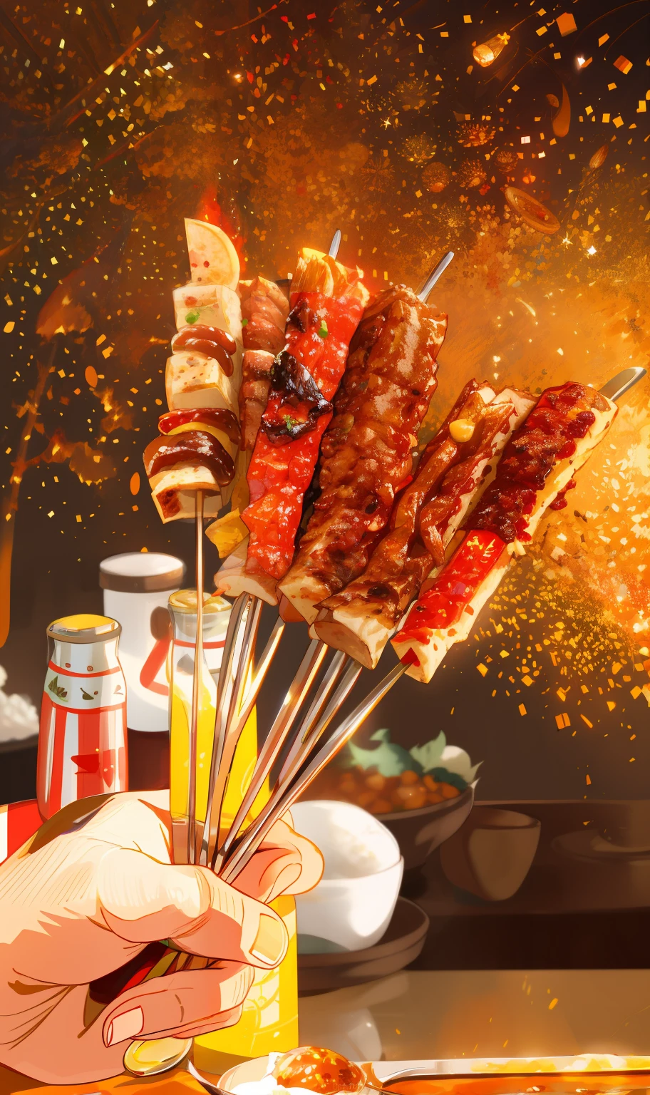 someone is sprinkling some food with a fork on a table, skewer, kebab, warm and joyful atmosphere, absolutely outstanding image, personal profile picture, ready to eat, triumphant, 💣 💥💣 💥, unedited, professional food photography, Spicy, stunning images, 💣 💥, ❤🔥🍄🌪, special, ornate with fiery explosions, cover shot, very tasty