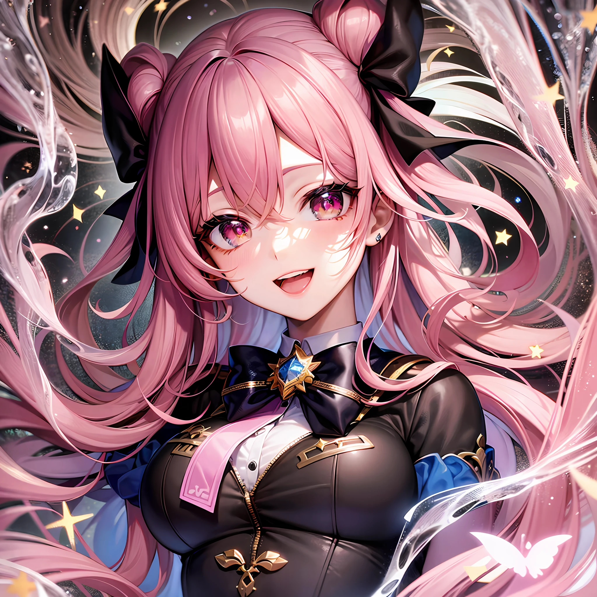 chest out, absurdres, superfine illustration,rainboweffect, highres, ultra detailed,light diffusion,highly detailed light reflection, kaleidoscope, harmonious, best shadow, highly detailed very beautiful big smile face, ;D, beautiful growing crystal diamond star pupil,look at viewer, beautiful detailed hair, solo, dynamic pose, beautiful detailed pink and black ribon, beautiful detailed High school uniform, Fantastic and the whole shines and shooting star and the wind is strong in detail background
