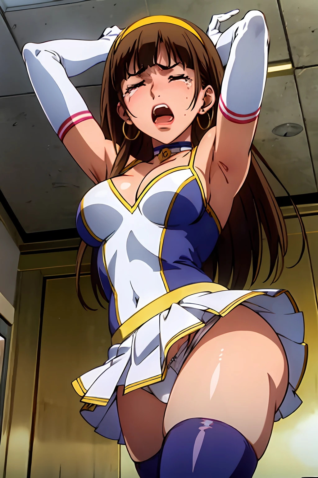 1990s,(style), (cel anime:1.1), official art,extremely detailed CG unity 8k wallpaper, perfect lighting,Colorful, Bright_Front_face_Lighting, (masterpiece:1.0),(best_quality:1.0), ultra high res,4K,ultra-detailed, photography, 8K, HDR, highres, absurdres:1.2, Kodak portra 400, film grain, blurry background, bokeh:1.2, lens flare, (vibrant_color:1.2),(from very below,ceiling:1.2),perfect anatomy,upskirt:1.3,brown hair,long hair,yumi sayaka, (cute cheerleader uniform,blue micro miniskirt:1.3) (knee boots:1.1), choker, white gloves, choker, elbow gloves, jewelry, earrings, cowboy shot, 1990s,(style), indoors, (shiny skin), medium breasts,1990s,(style),(frown,shame, embarrassed,furrowed brow,closed eyes tightly,crying,opened mouth,screaming,full-face blush,:1.3) ,arms up,shibari,(shibari over clothes:1.3),bdsm,(bound wrists together:1.1),panties,cameltoe, erotic,(leg up,stand split leg, i-balanced,toe up, show white-high-cut-panty from micro-miniskirt:1.4),arched back,panties focus,pectoral cleavage,gipple,standing,