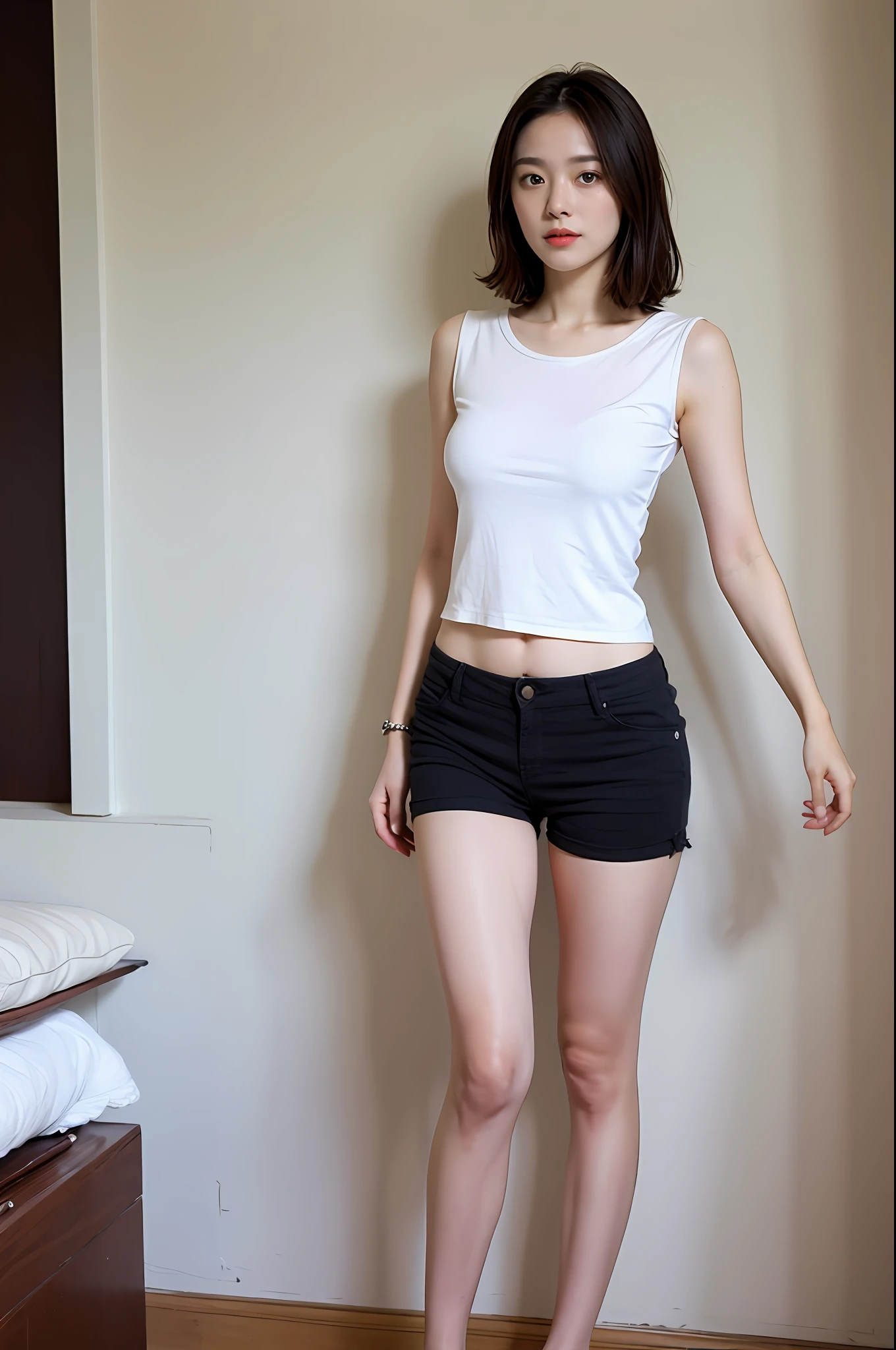 (Highly detailed body,Highly detailed face,the best quality:1.2) ,a woman with,Look at Audience,(Milky white slip top,Casual shorts),(Background room:1.4)