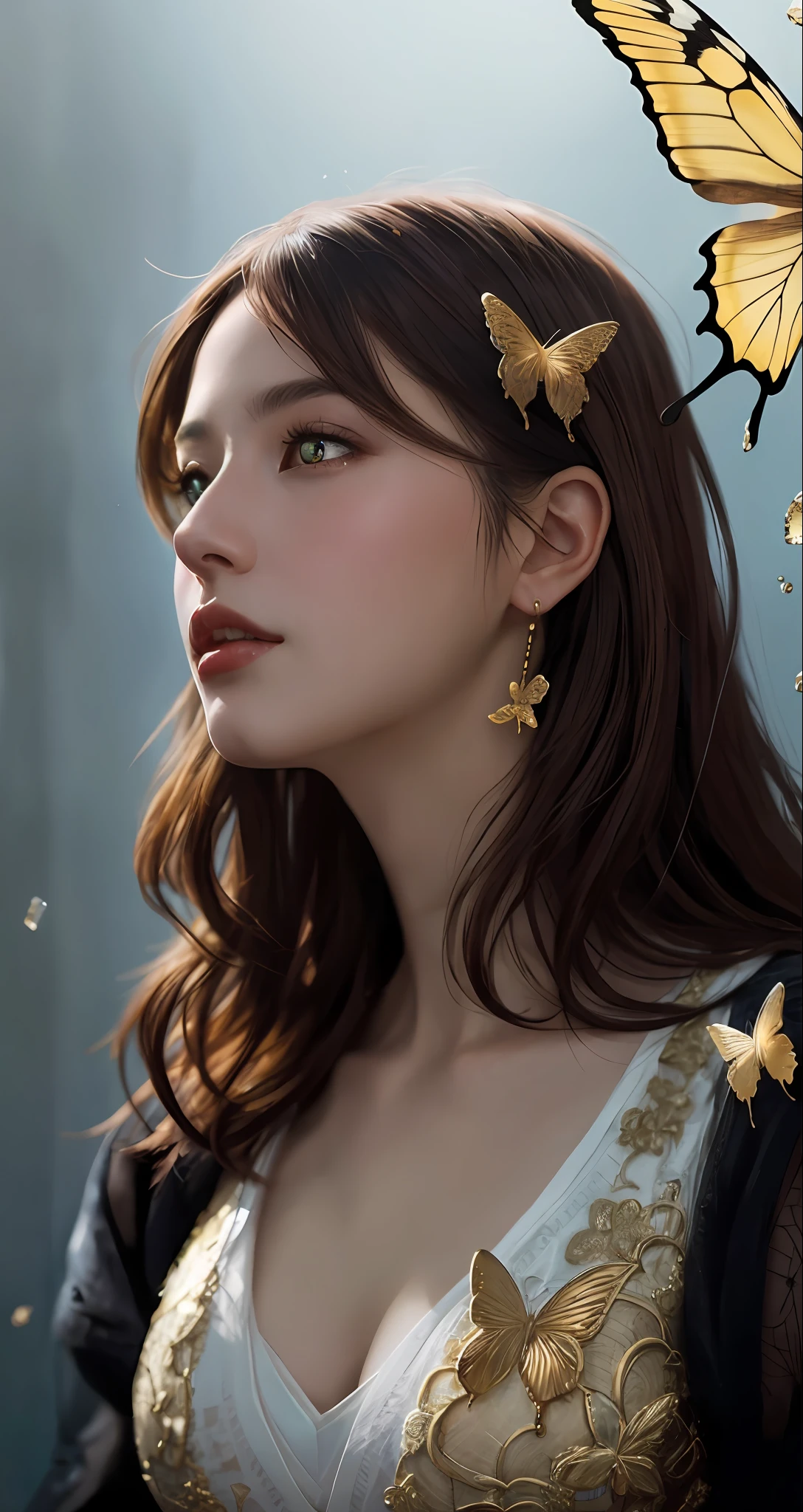 8k portrait of beautiful cyborg with brown hair, intricate, elegant, highly detailed, majestic, digital photography, art by artgerm and ruan jia and greg rutkowski surreal painting gold butterfly filigree, broken glass, (masterpiece, sidelighting, finely detailed beautiful eyes: 1.2), hdr,