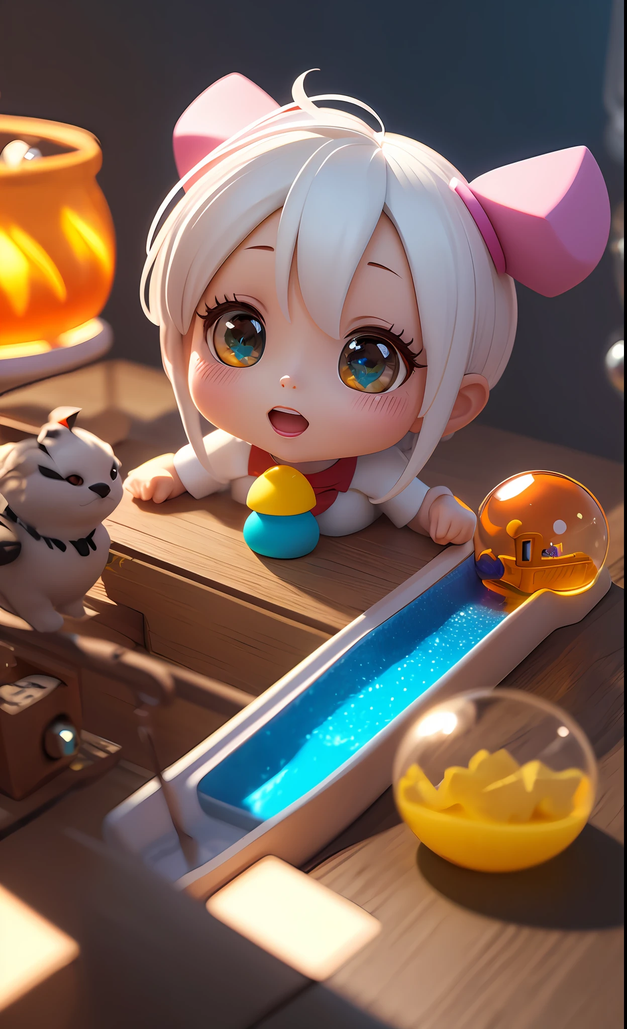 sophisticated mechanical parts,3 D toys bubble ,a white hairs girl in the center,chibi,kawaii,bauhaus,colorful,plastic,product design,glowing jelly,Global Illumination,awesome Lighting,3 D,digital art,close-up.3 d,super detailed,no boundary line,C4D,octane rendering,Blender,HD,full body,simple background