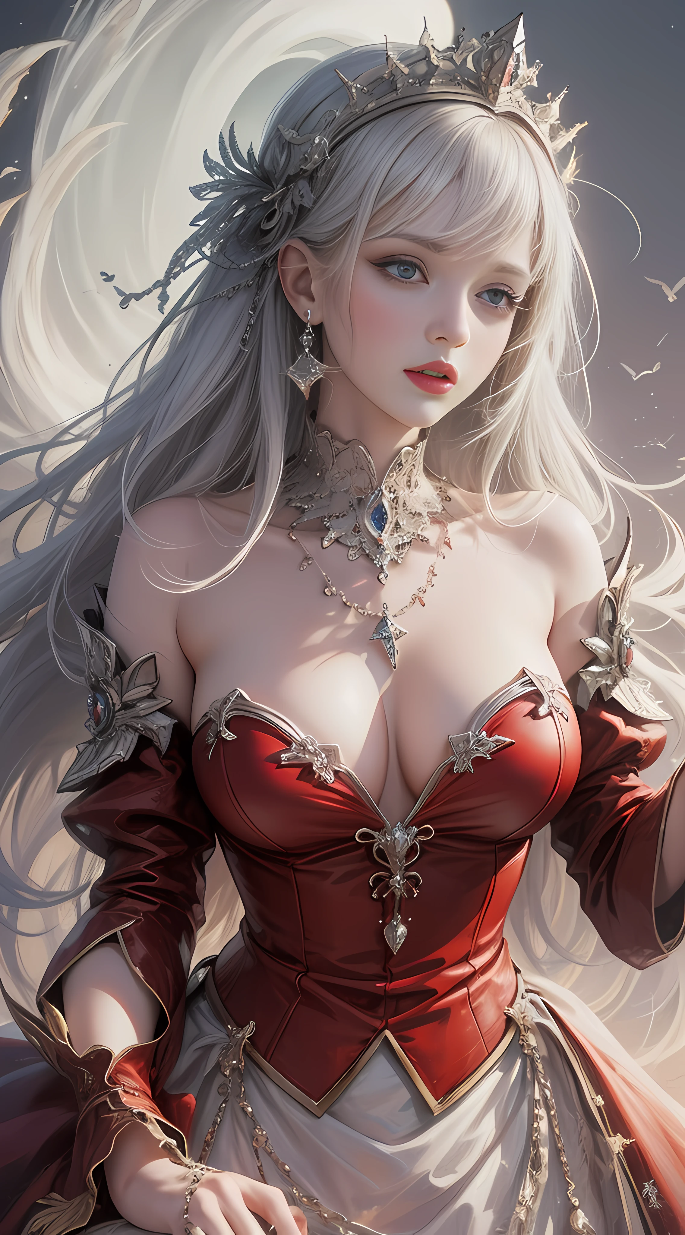 Ultra high quality，8K，Girls do not show their breasts，Do not show your chest，High cold wind，red lip，The head proportions are perfect，silverlong hair，Princess dress red and white color scheme，Swan neck，and the sun is shining，necklace of diamonds，The body is well-proportioned，The color of the clothing is bright, High saturation，High detail depiction