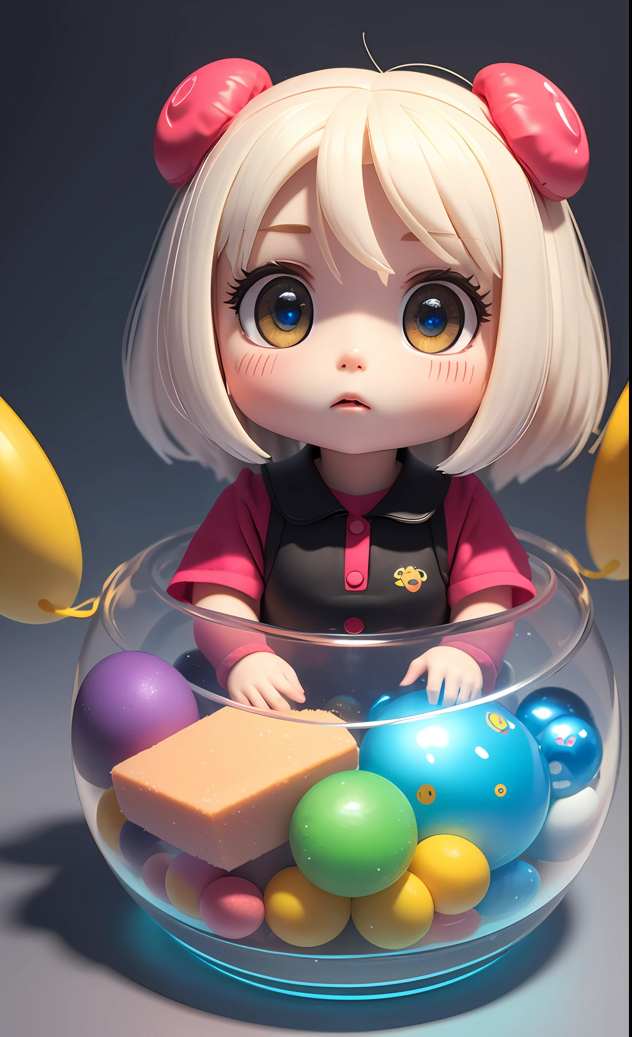 sophisticated mechanical parts,3 D toys bubble ,a white hairs girl in the center,chibi,kawaii,bauhaus,colorful,plastic,product design,glowing jelly,Global Illumination,awesome Lighting,3 D,digital art,close-up.3 d,super detailed,no boundary line,C4D,octane rendering,Blender,HD,full body,simple background