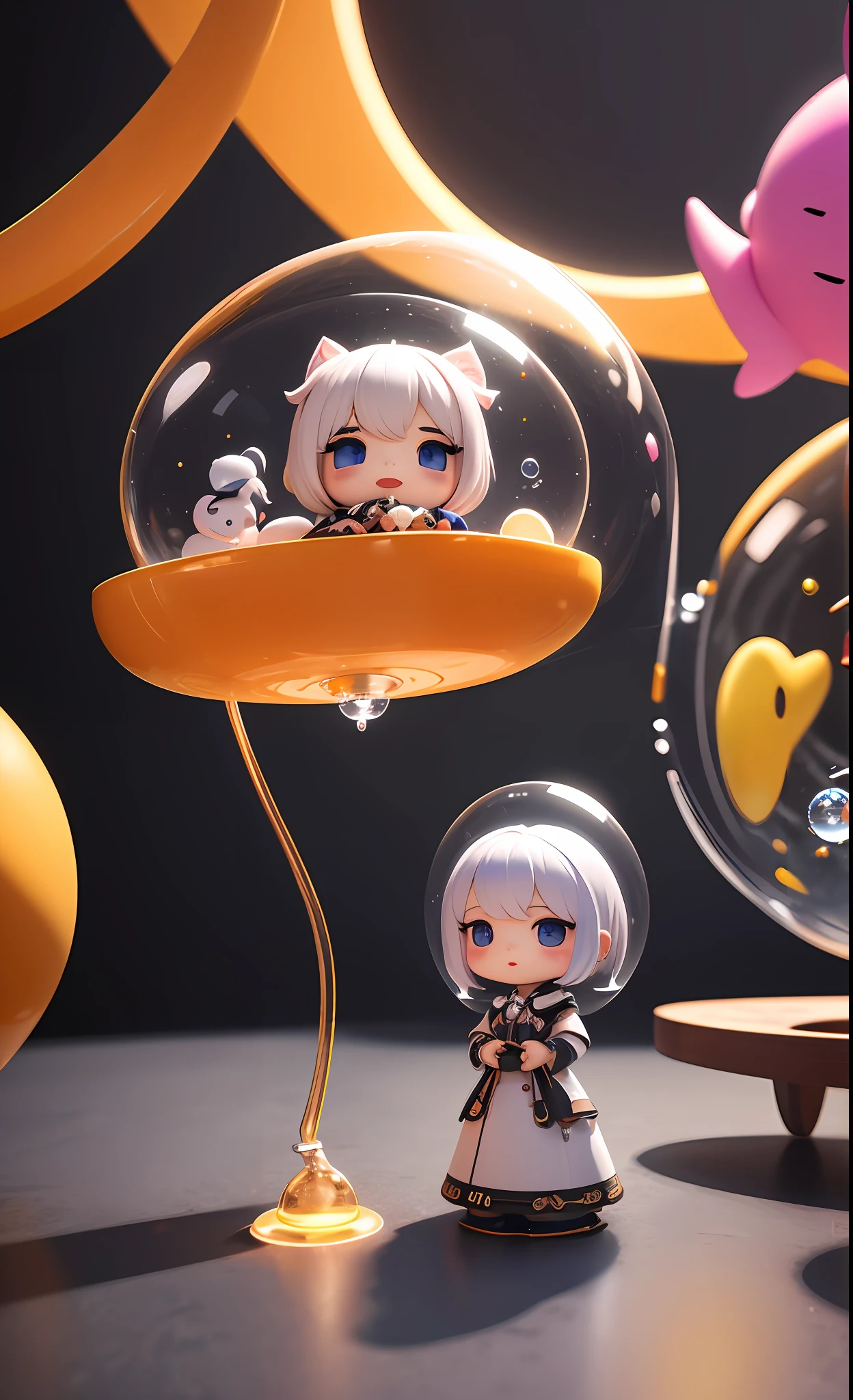 sophisticated mechanical parts,3 D toys bubble ,a white hairs girl in the center,chibi,kawaii,bauhaus,colorful,plastic,product design,glowing jelly,Global Illumination,awesome Lighting,3 D,digital art,close-up.3 d,super detailed,no boundary line,C4D,octane rendering,Blender,HD,full body,simple background