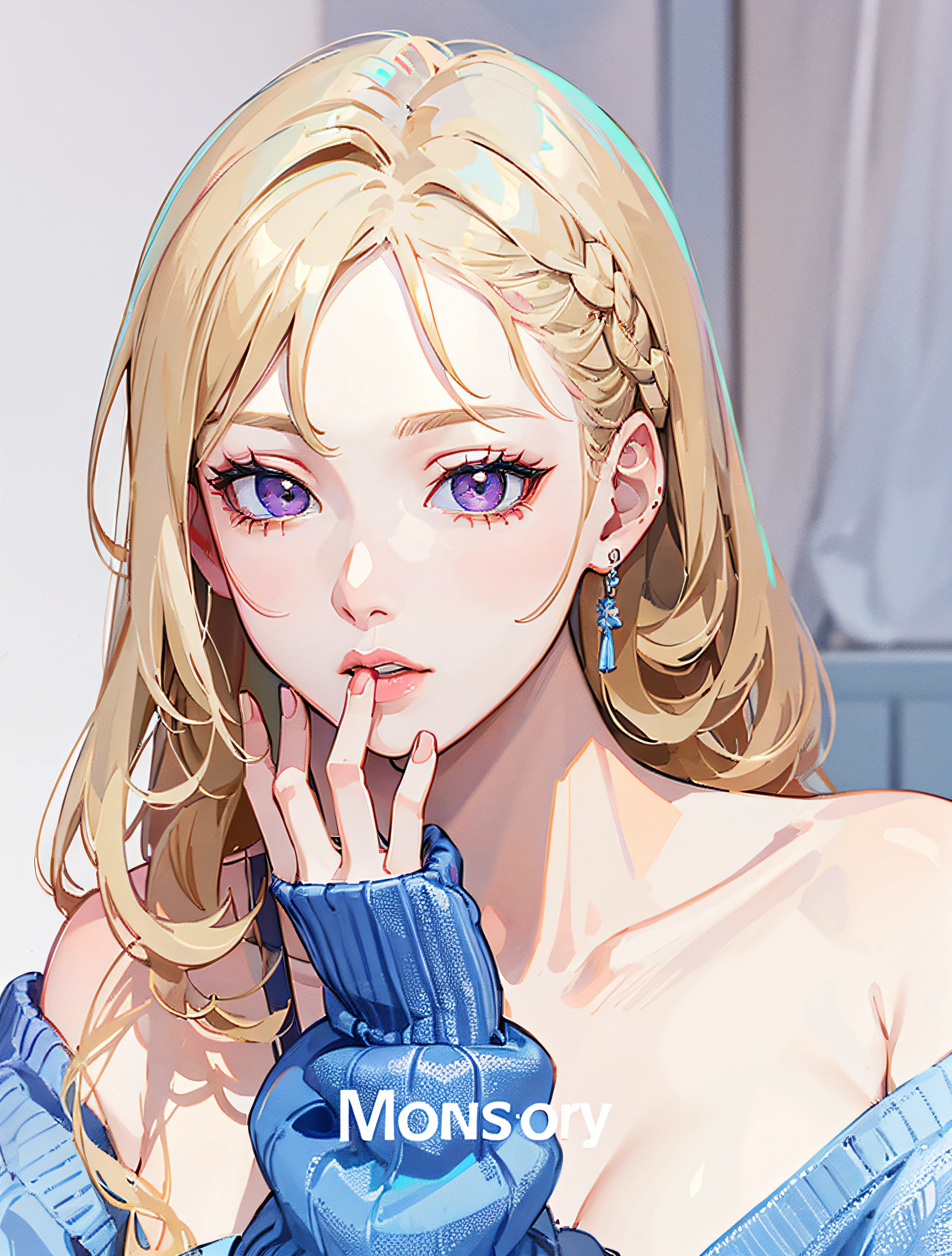 arafed image of a woman with long blonde hair and a blue sweater, Jin Young Shin, lalisa manobal, jaeyeon nam, portrait of jossi of blackpink, lalisa manoban of blackpink, kim doyoung, roseanne park of blackpink, portrait of female korean idol, Inspired by Ma Yuanyu, hong june hyung, yanjun cheng