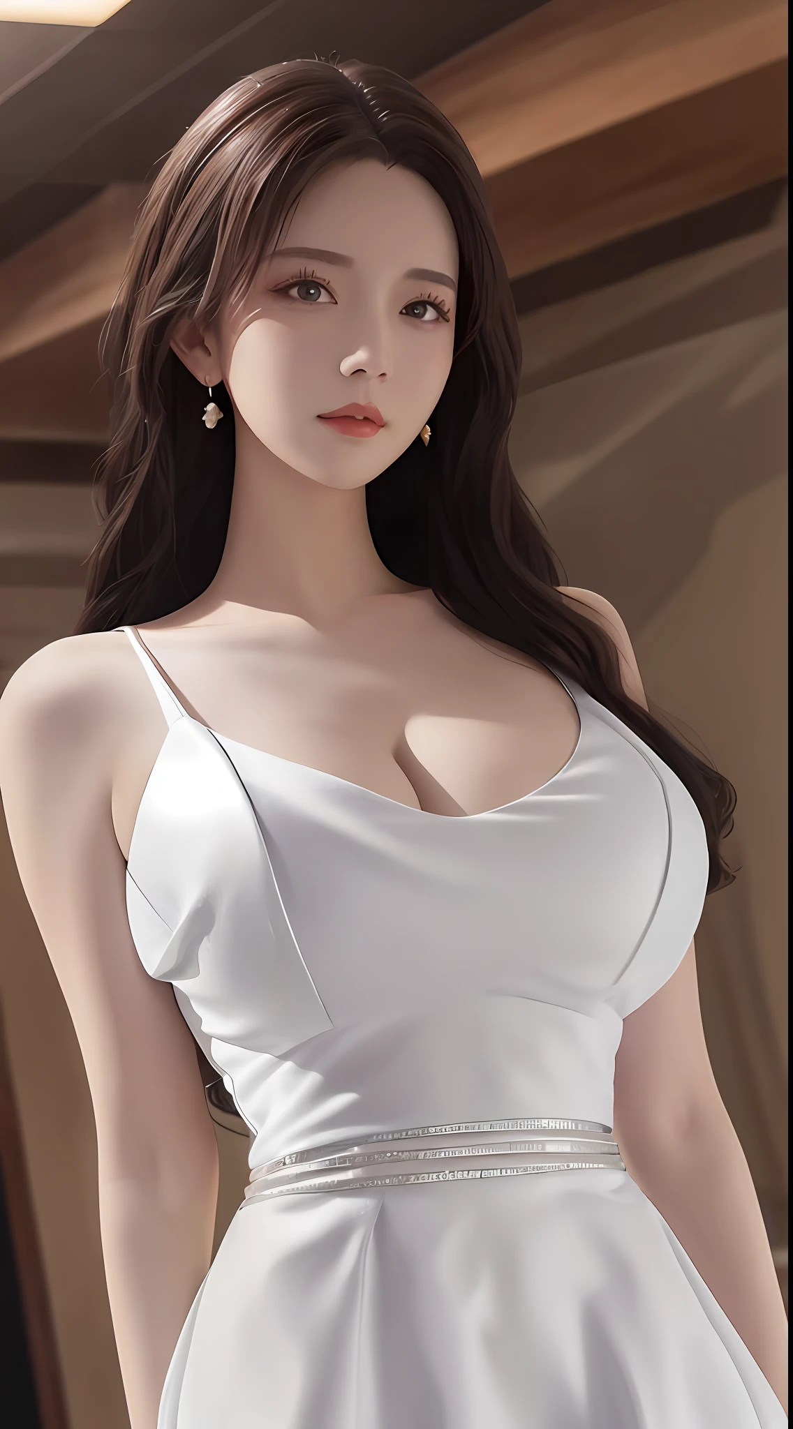 optimal quality, masterpaintings, 1girl huge large breasts, beatutiful face, (photo realistic:1.3), edgelighting, (High Detail Skins:1.2), 8K UHD, , hightquality, high resolucion, 4K, 8K,Home,Myanmar, Preposterous, Optimal proportions of four fingers and one thumb, (Lifelike:1.3), Cute 1girl, white dresses, mediuml breasts