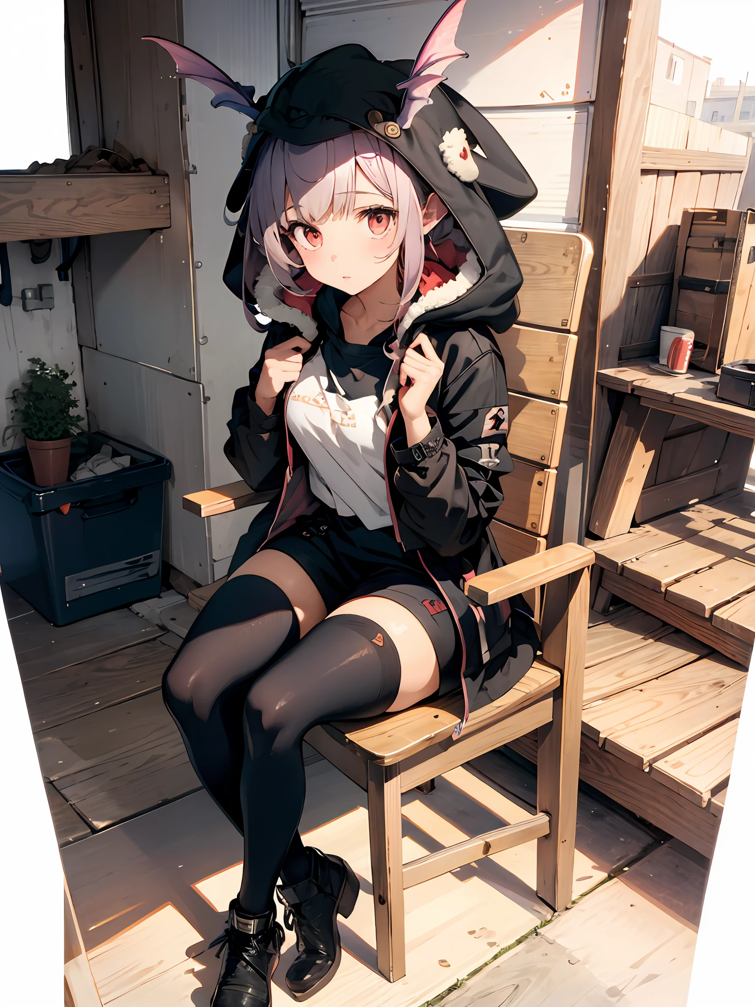 1girl,manticore,black thighhighs,sitting,crossed legs, chair,((hood up))