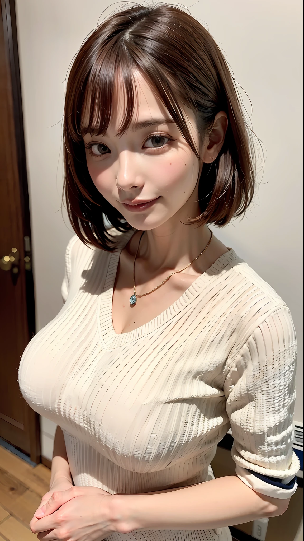 (Best quality, 8k, 32k, Masterpiece, UHD:1.2),Photo of Pretty Japanese woman, large breasts, very short bob hair,upper body,face focus,oversized_sweater, necklace, simple background, from above, looking at viewer,