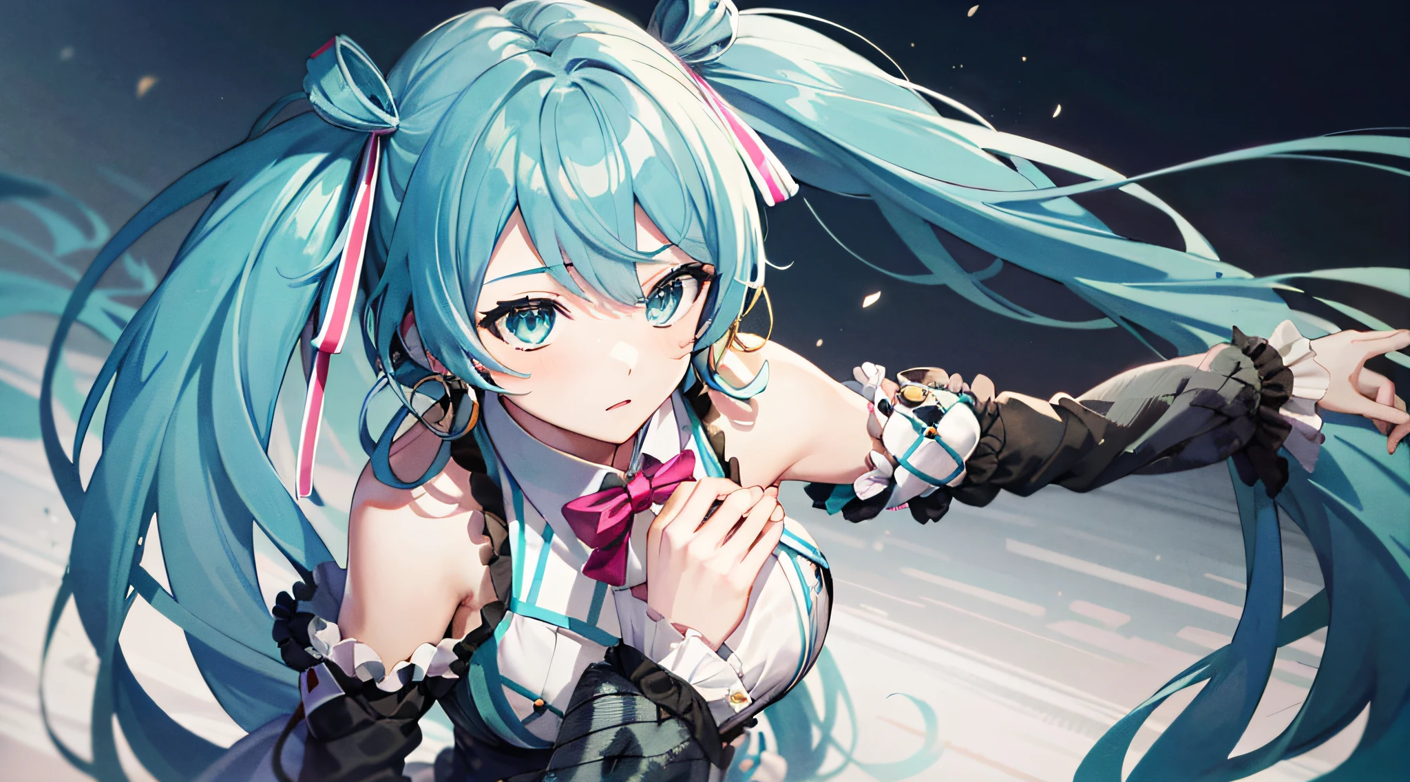 HATSUNEMIKU,A masterpice, beste-Quality, colourfull, femal, (High School Girls' Uniform), (gals), (Emotionless face), Cyan hair, shiny oily skin with high contrast,, huge long breasts, SFW ,