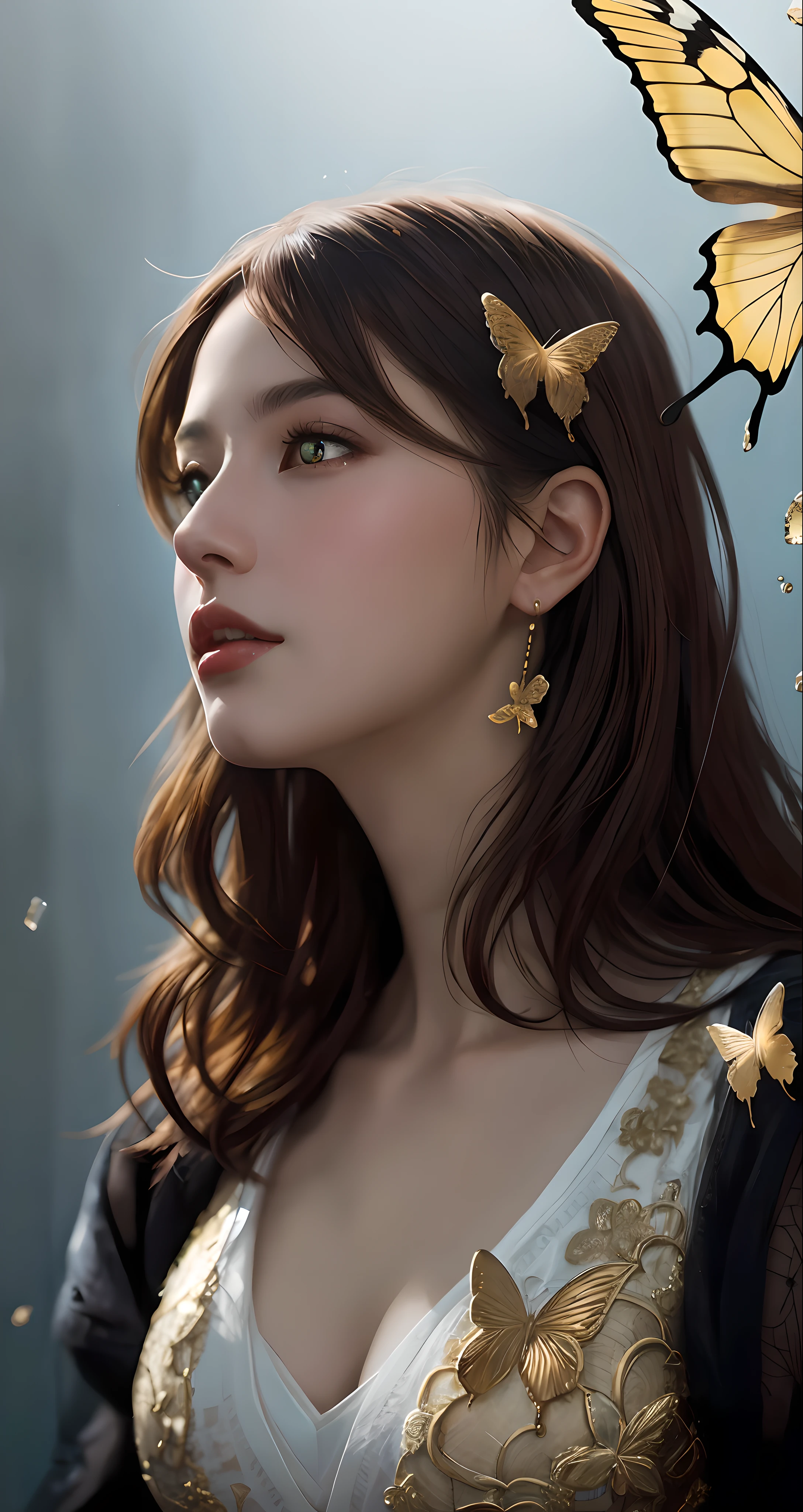 8k portrait of beautiful cyborg with brown hair, intricate, elegant, highly detailed, majestic, digital photography, art by artgerm and ruan jia and greg rutkowski surreal painting gold butterfly filigree, broken glass, (masterpiece, sidelighting, finely detailed beautiful eyes: 1.2), hdr,