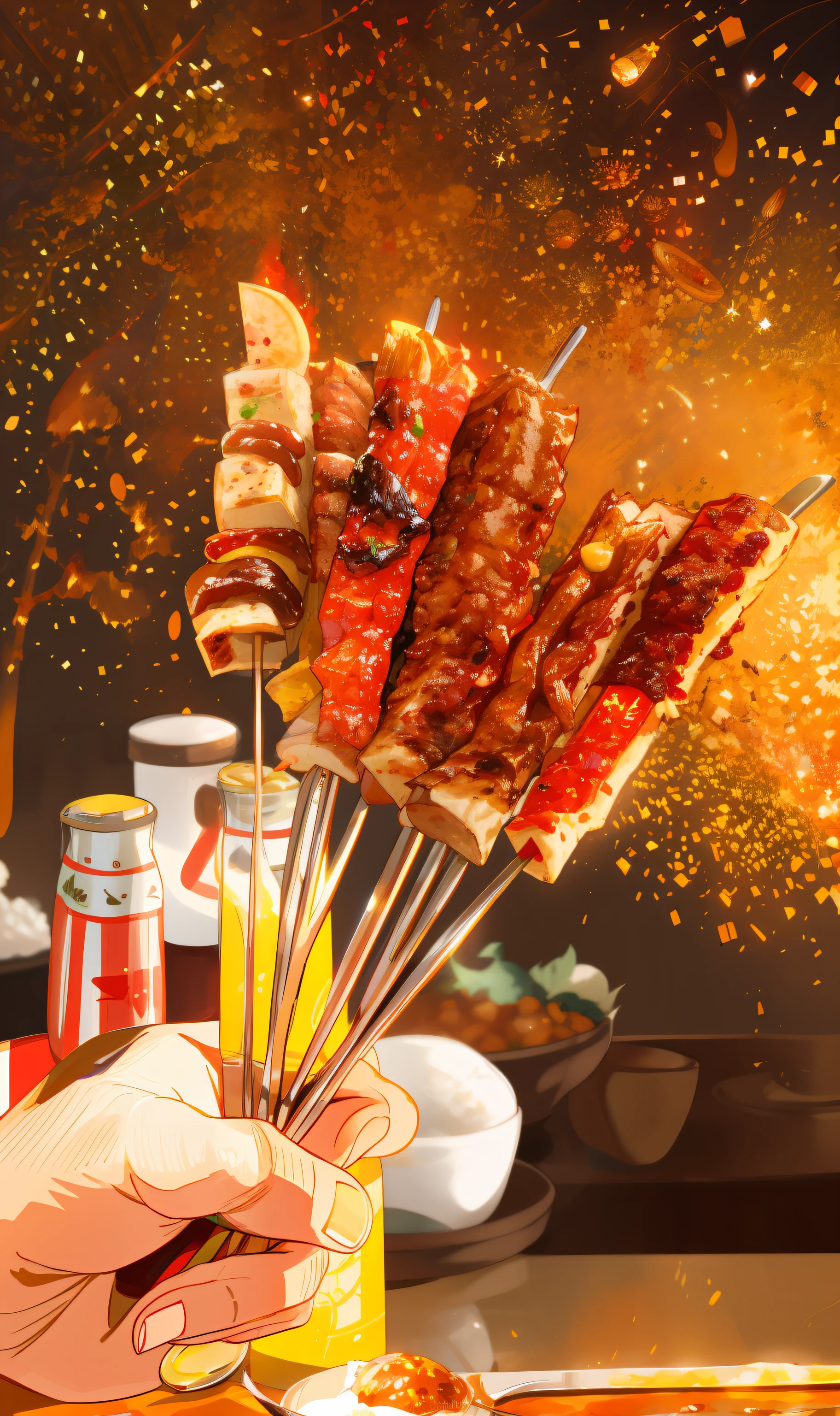 someone is sprinkling some food with a fork on a table, skewer, kebab, warm and joyful atmosphere, absolutely outstanding image, personal profile picture, ready to eat, triumphant, 💣 💥💣 💥, unedited, professional food photography, Spicy, stunning images, 💣 💥, ❤🔥🍄🌪, special, ornate with fiery explosions, cover shot, very tasty