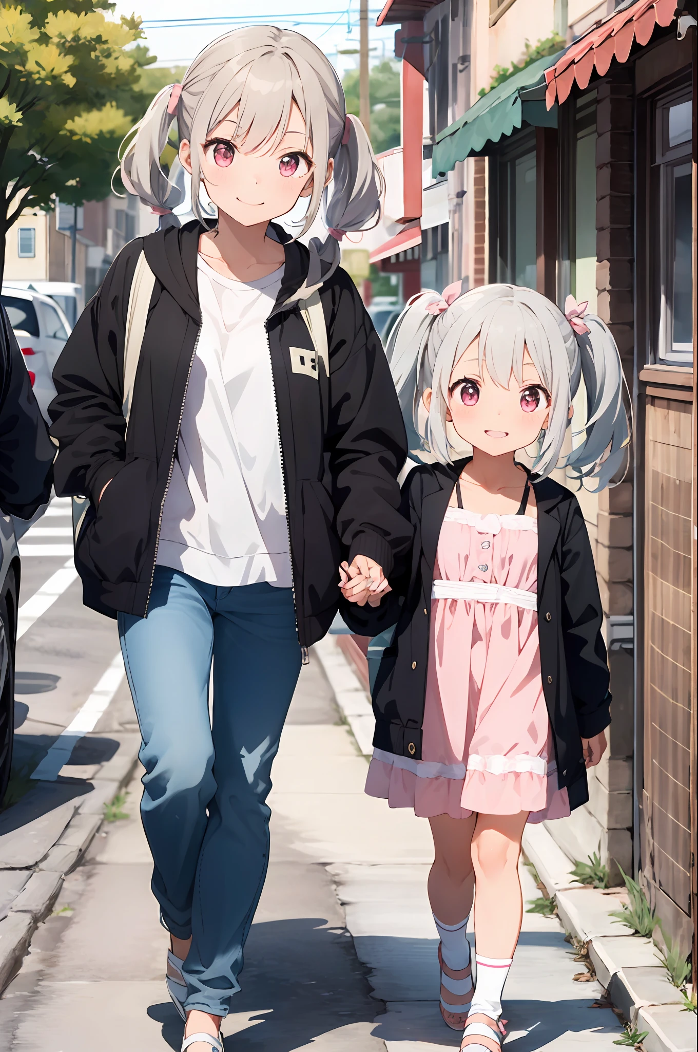 best_quality:1.4, very long eyes, very huge eyes, (Toddler), (), very small height, white hair, (low twintails:1.4), pink eyes, casual dress, heels, jacket, smile, bunny ear,