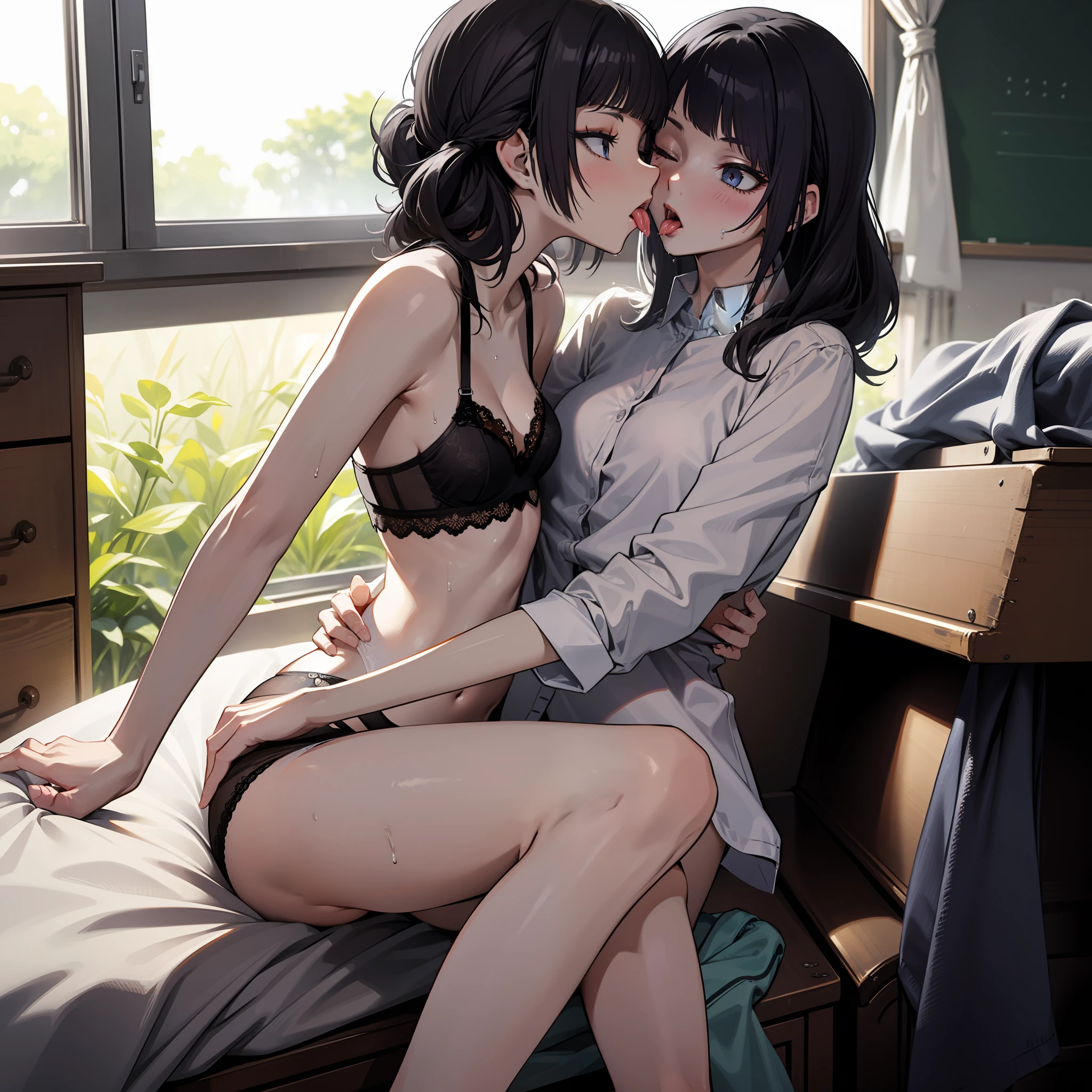 Maste Piece, Best Quality,, 2 girls, Yuri, pupils, Black hair, After school classroom, (kiss: 1.8), (French kiss), Blushing, Eyes closed, (tongue), (saliva), (Groping), Hands inside panties, visible, visible, Tongue sucking, Sweat, pantyhose, Sheer panties, Sheer underwear, Sexy lingerie, Panties about to be taken off, Nasty look, Ecstasy, disheveled hair, Leaking pee, damp feet, damp clothing