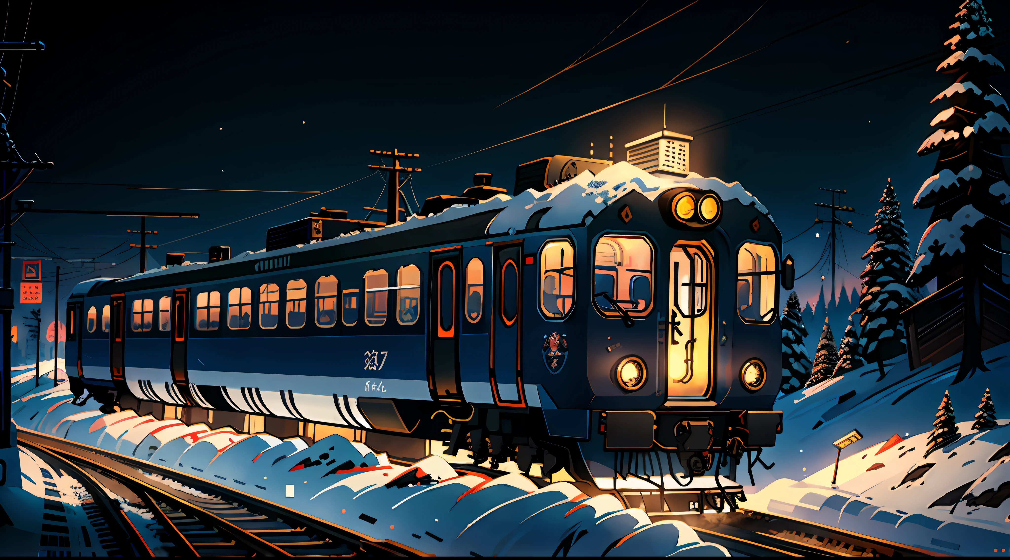 Wallpaper of Anime Style, [[Winter, snow, Modern Station Train, natural lighting, additional details, perfect composition ]], hyper-realistic intricate highly detailed. By Makoto Shinkai, 8k.