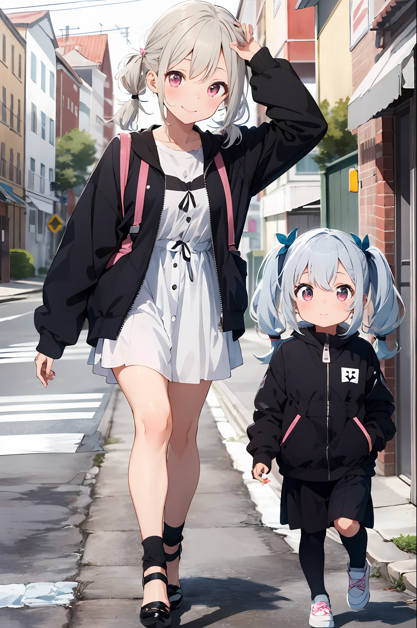 best_quality:1.4, very long eyes, very huge eyes, (Toddler), (li), very small height, white hair, (low twintails:1.4), pink eyes, casual dress, heels, jacket, smile, bunny ear,