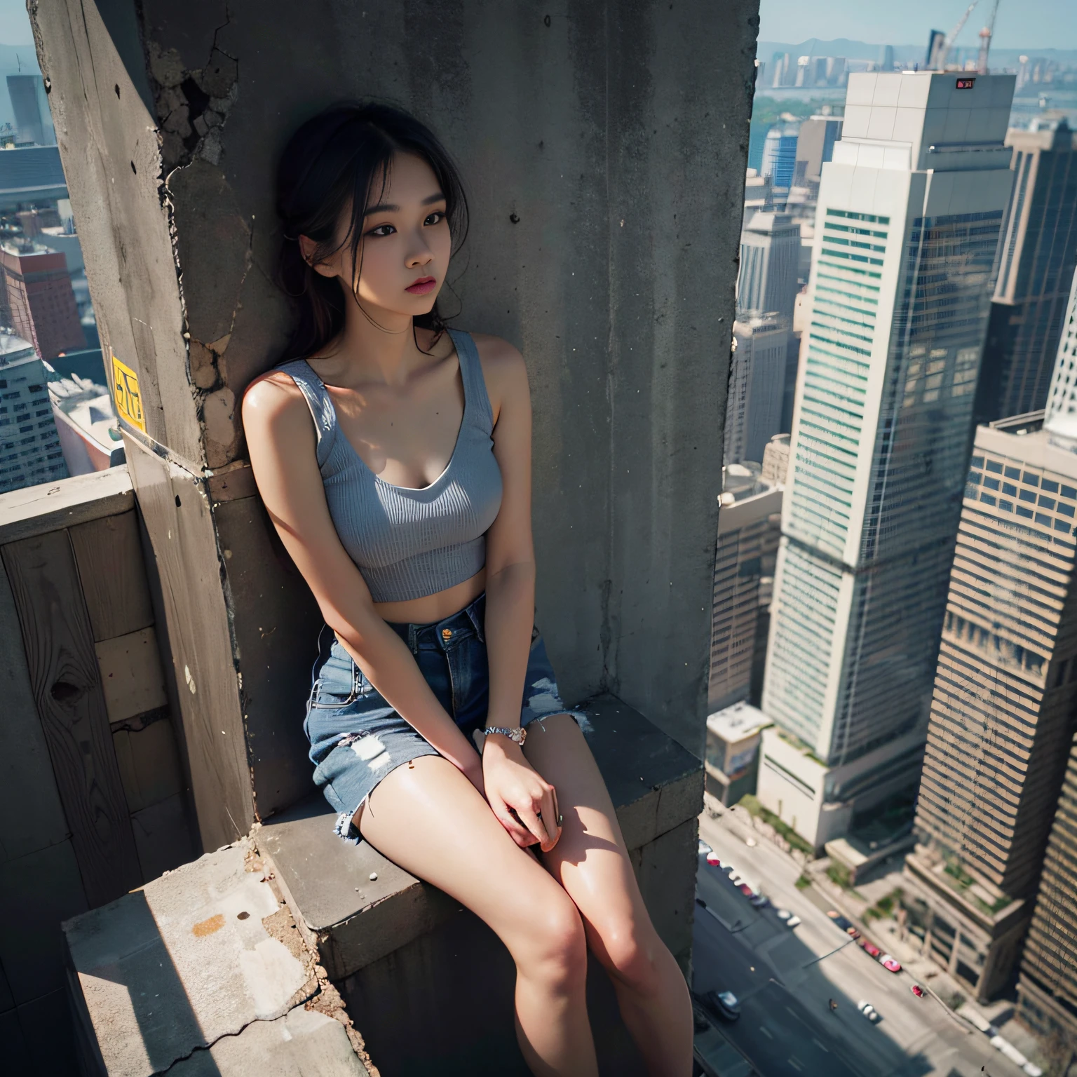 there is a woman sitting on a ledge in a city, sitting on a skyscraper rooftop, girl sitting on a rooftop, perched on a skyscraper, korean girl, korean women's fashion model, gorgeous young korean woman, sits on a rooftop, in a rooftop, photo of slim girl model, beautiful south korean woman, beautiful young korean woman, chinese girl