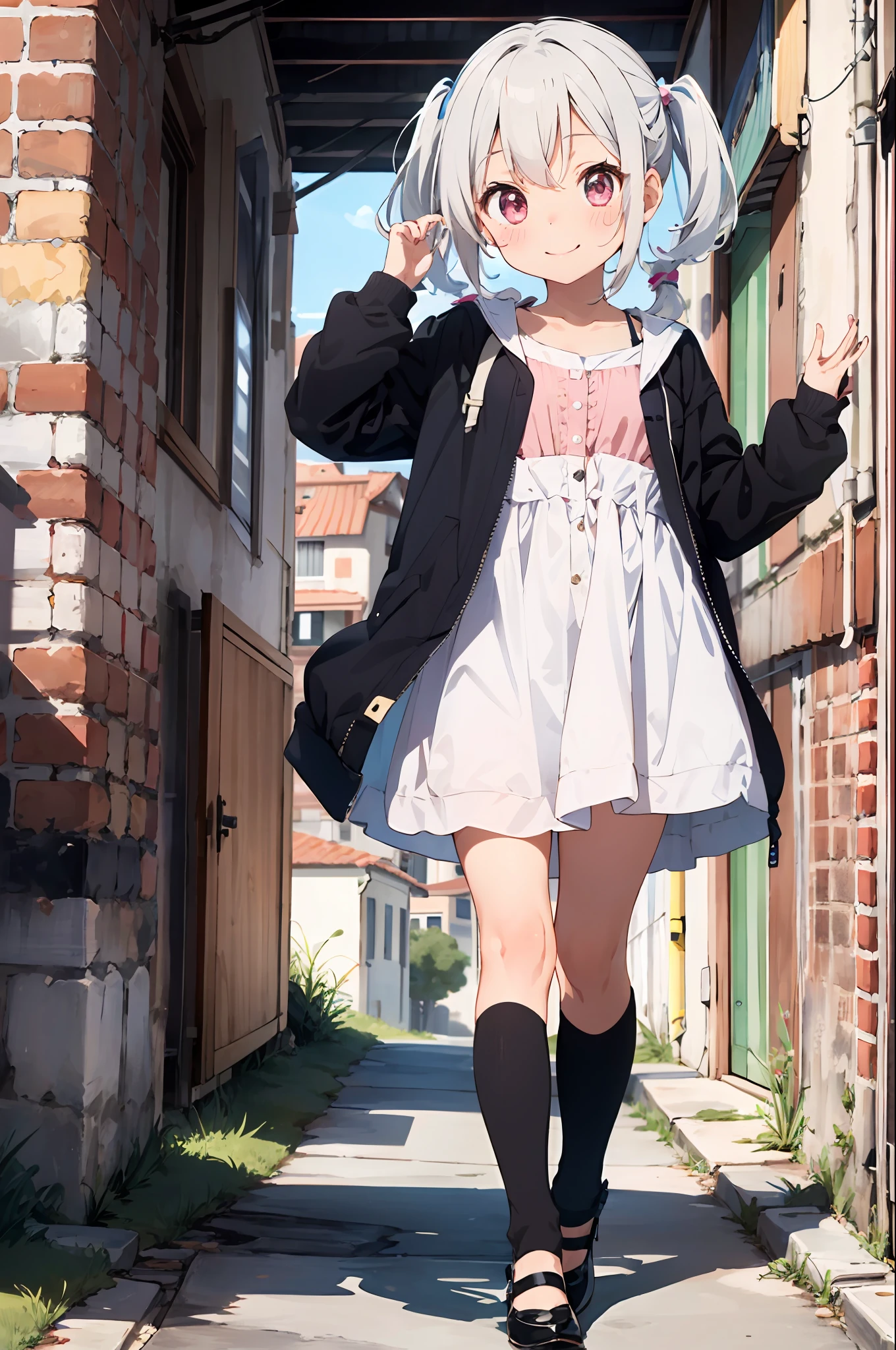 best_quality:1.4, very long eyes, very huge eyes, (Toddler), (loli), very small height, white hair, (low twintails:1.4), pink eyes, casual dress, heels, jacket, smile, bunny ear,