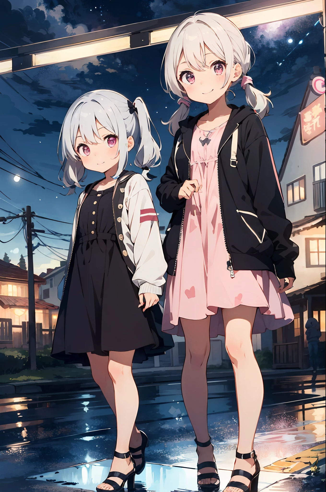 best_quality:1.4, very long eyes, very huge eyes, (Toddler), (li), very small height, white hair, (low twintails:1.4), pink eyes, casual dress, heels, jacket, smile, bunny ear,