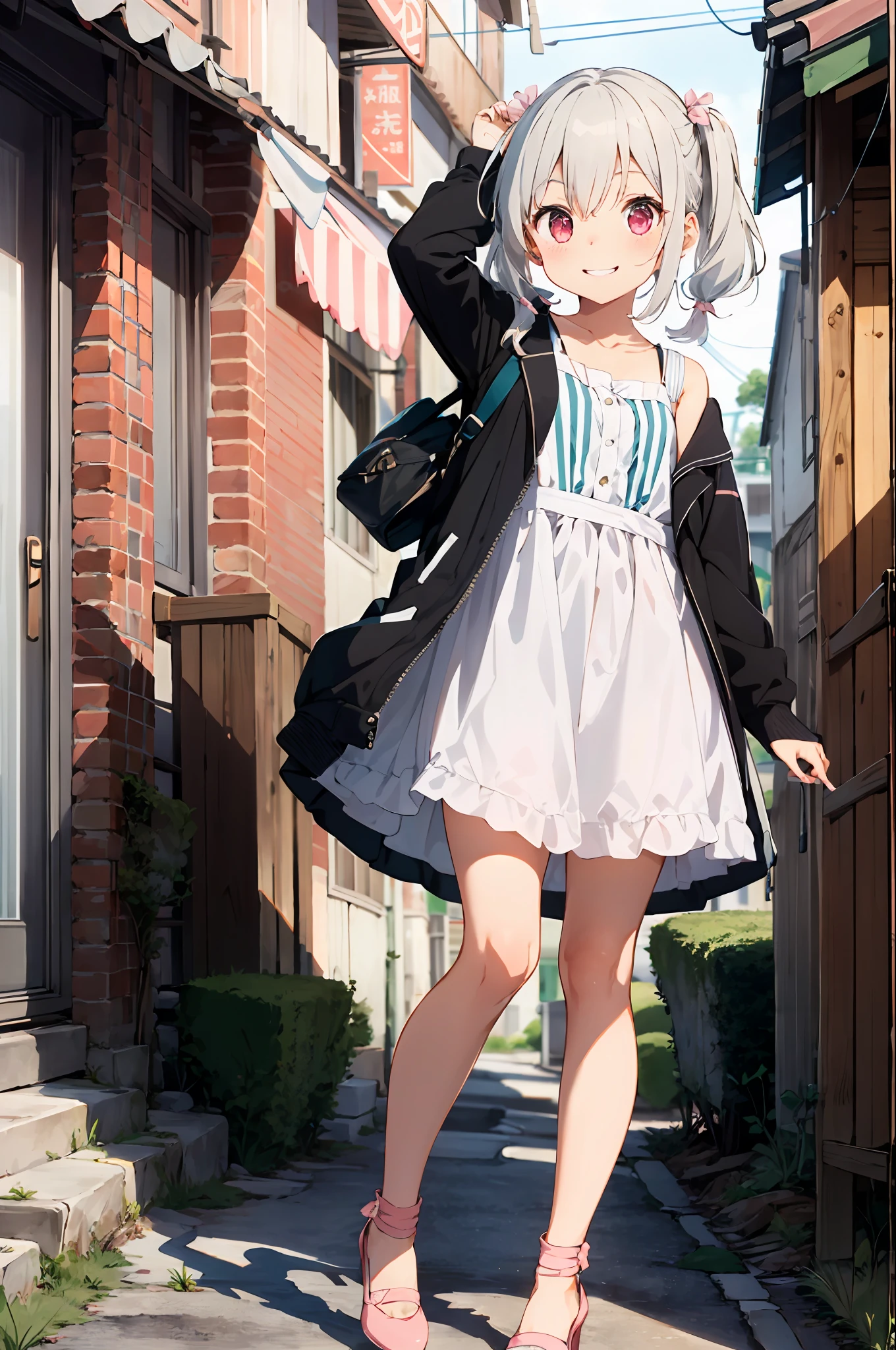 best_quality:1.4, very long eyes, very huge eyes, (Toddler), (loli), very small height, white hair, (low twintails:1.4), pink eyes, casual dress, heels, jacket, smile, bunny ear,