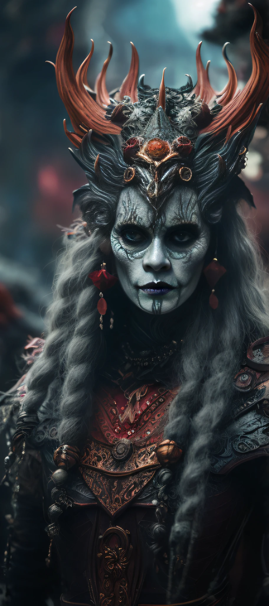 arafed woman with horns and a horned headdress in a dark room, cinematic goddess close shot, beautiful elegant demon queen, cinematic goddess shot, Palatial and threatening faces, hyper-detailed fantasy character, portrait of a female demon, detailed matte fantasy portrait, still from a fantasy movie, Close-up portrait goddess skull, cgsociety contest winner, scary queen of death