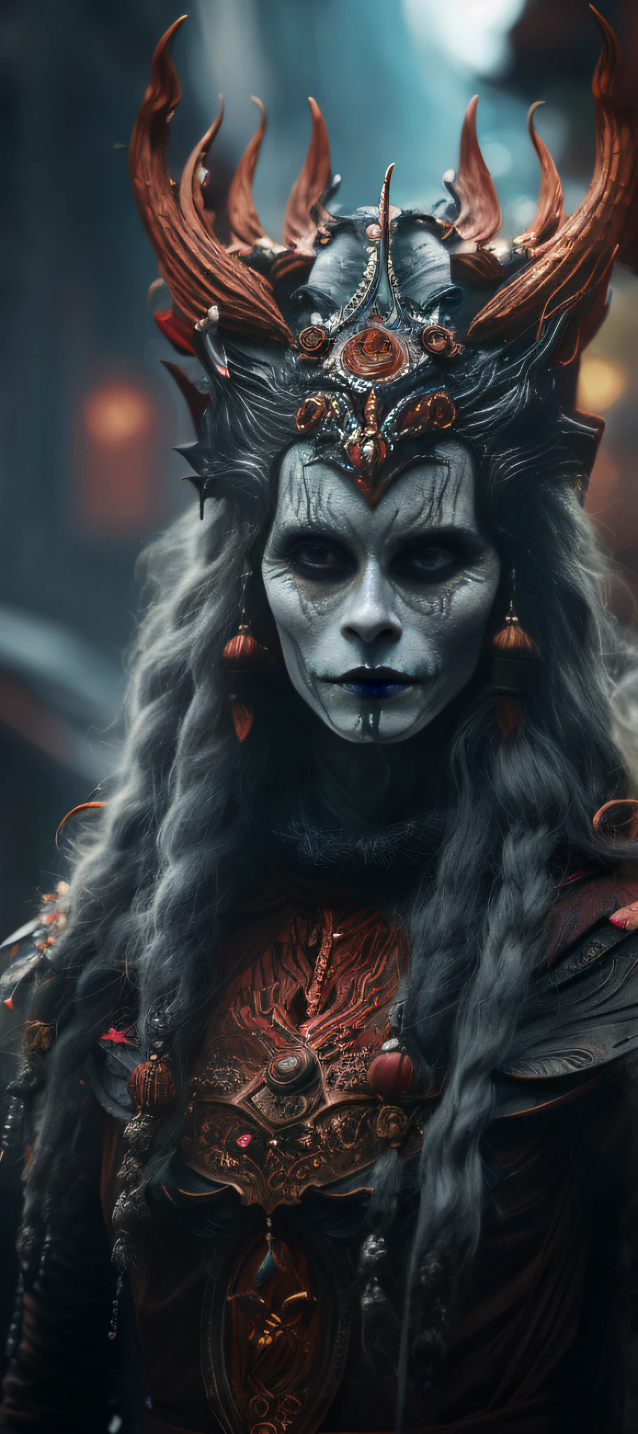 arafed woman with horns and a horned headdress in a dark room, cinematic goddess close shot, beautiful elegant demon queen, cinematic goddess shot, Palatial and threatening faces, hyper-detailed fantasy character, portrait of a female demon, detailed matte fantasy portrait, still from a fantasy movie, Close-up portrait goddess skull, cgsociety contest winner, scary queen of death