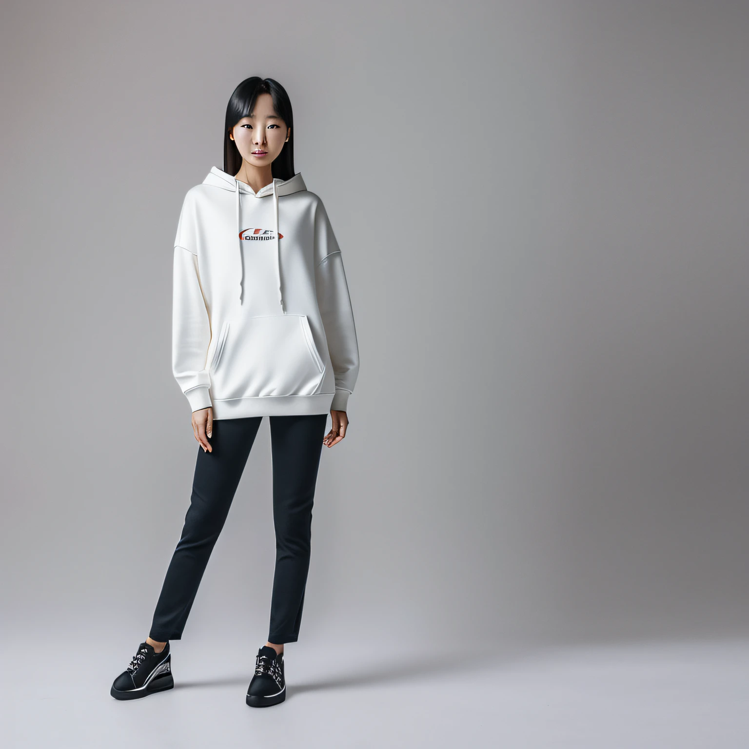 imageprompt: 
Full body shot of a Chinese female model wearing a confortable Hoodies, standing in front of a white backdrop, portrait photo shot from a low angle using Canon EOS R5 camera with a standard lens to capture the model's entire output and showcase her height of 10cm-r9:16-V5 --auto