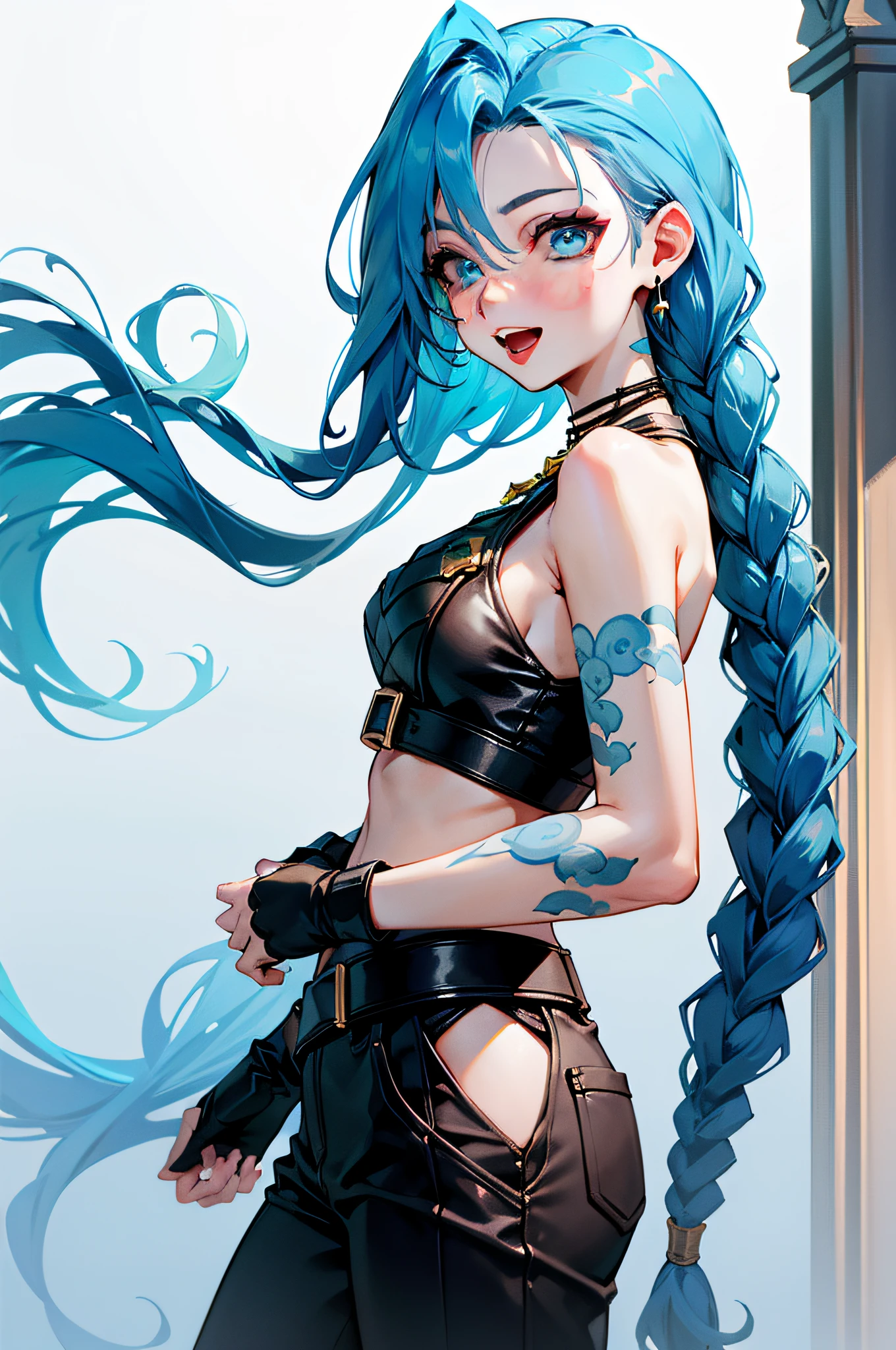 Jinx \(league of legend\), 1girl huge large breasts,Pixar style, Laugh，solo, Braid, twin braid, Long hair, Surprised Eyes,tattoo, Piercing, leather belts, Jewelry, Earrings, (big open eyes:0.9),see viewer, arm tattoos, (Background of medieval castles:1.1), Blue hair, Blush, Smile, v arms, necklac, Crop top, Small breasts, Green hair, shoulder tattoo, teeth, Open mouth, alternate costume, midriff, pants, Blue eyes,
