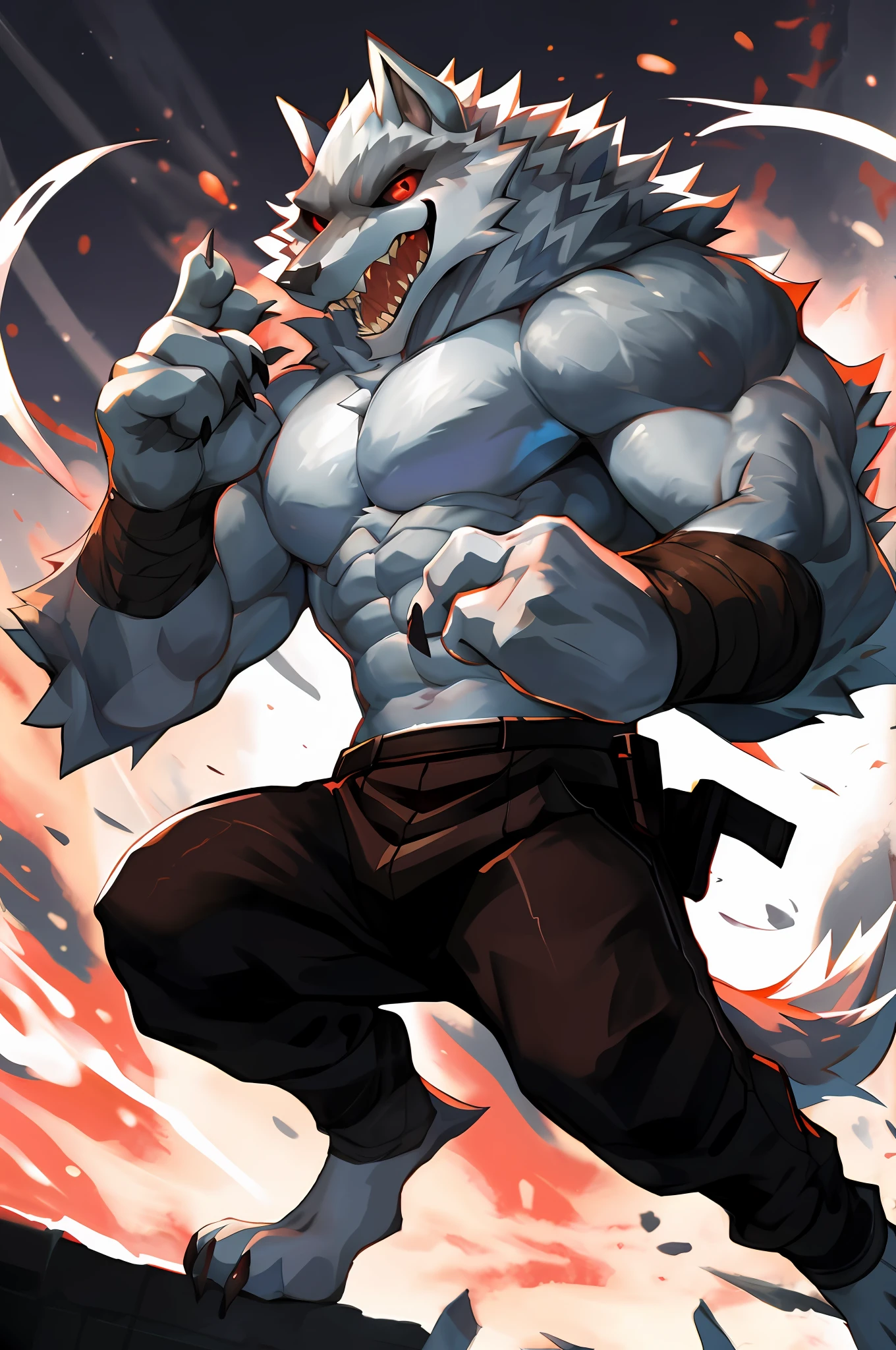 lobo da morte, 
Melhor qualidade, alta res, obra-prima, por Kiyosan, (por null-ghost:0.5), 
solo, olhos detalhados, volume illumination, detalhes finos, corpo inteiro, Action Pose, capa, (arma: 0.9),
pelo branco, olhos vermelhos, esclera preta, 
muscular, noite, fundo detalhado, beco,