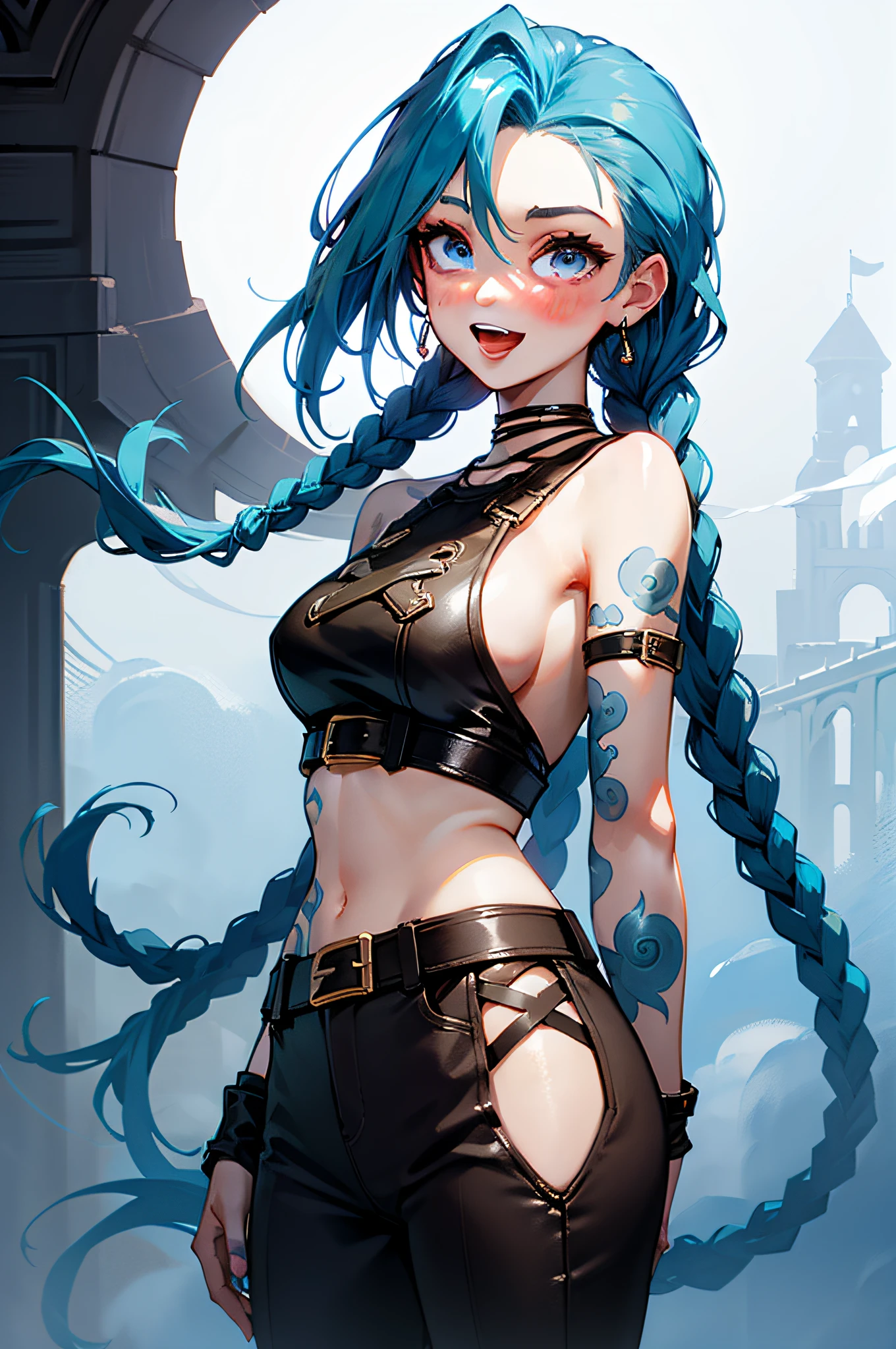 Jinx \(league of legend\), 1girl huge large breasts,Pixar style, Laugh，solo, Braid, twin braid, Long hair, Surprised Eyes,tattoo, Piercing, leather belts, Jewelry, Earrings, (big open eyes:0.9),see viewer, arm tattoos, (Background of medieval castles:1.1), Blue hair, Blush, Smile, v arms, necklac, Crop top, Small breasts, Green hair, shoulder tattoo, teeth, Open mouth, alternate costume, midriff, pants, Blue eyes,