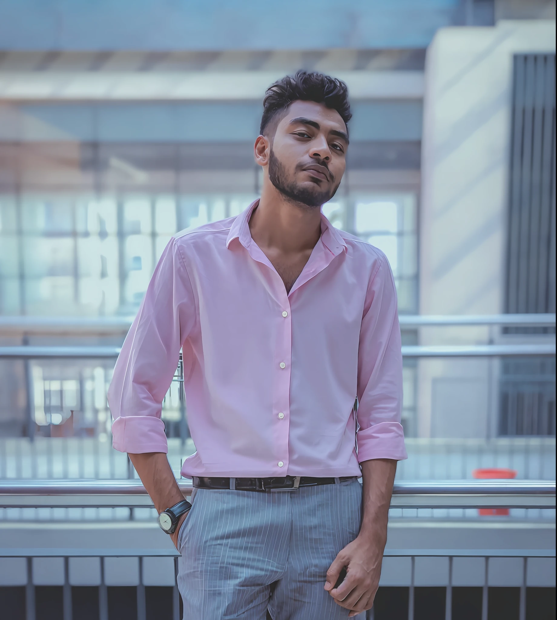 arafed man in a pink shirt and grey pants standing in front of a building, shot on sony a 7 iii, shot on canon eos r5, shot on canon eos r 5, wearing in shirt, shot on sony a 7, pink shirt, shot on nikon z9, wearing a light - pink suit, taken with sony alpha 9