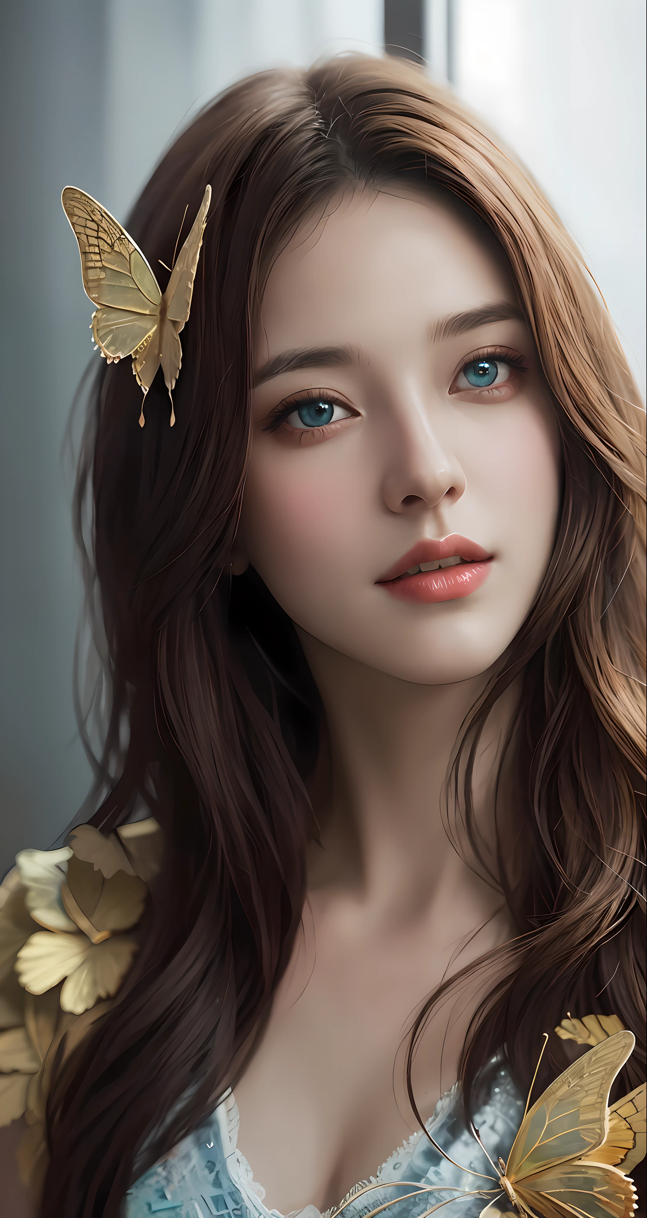 8k portrait of beautiful cyborg with brown hair, intricate, elegant, highly detailed, majestic, digital photography, art by artgerm and ruan jia and greg rutkowski surreal painting gold butterfly filigree, broken glass, (masterpiece, sidelighting, finely detailed beautiful eyes: 1.2), hdr,