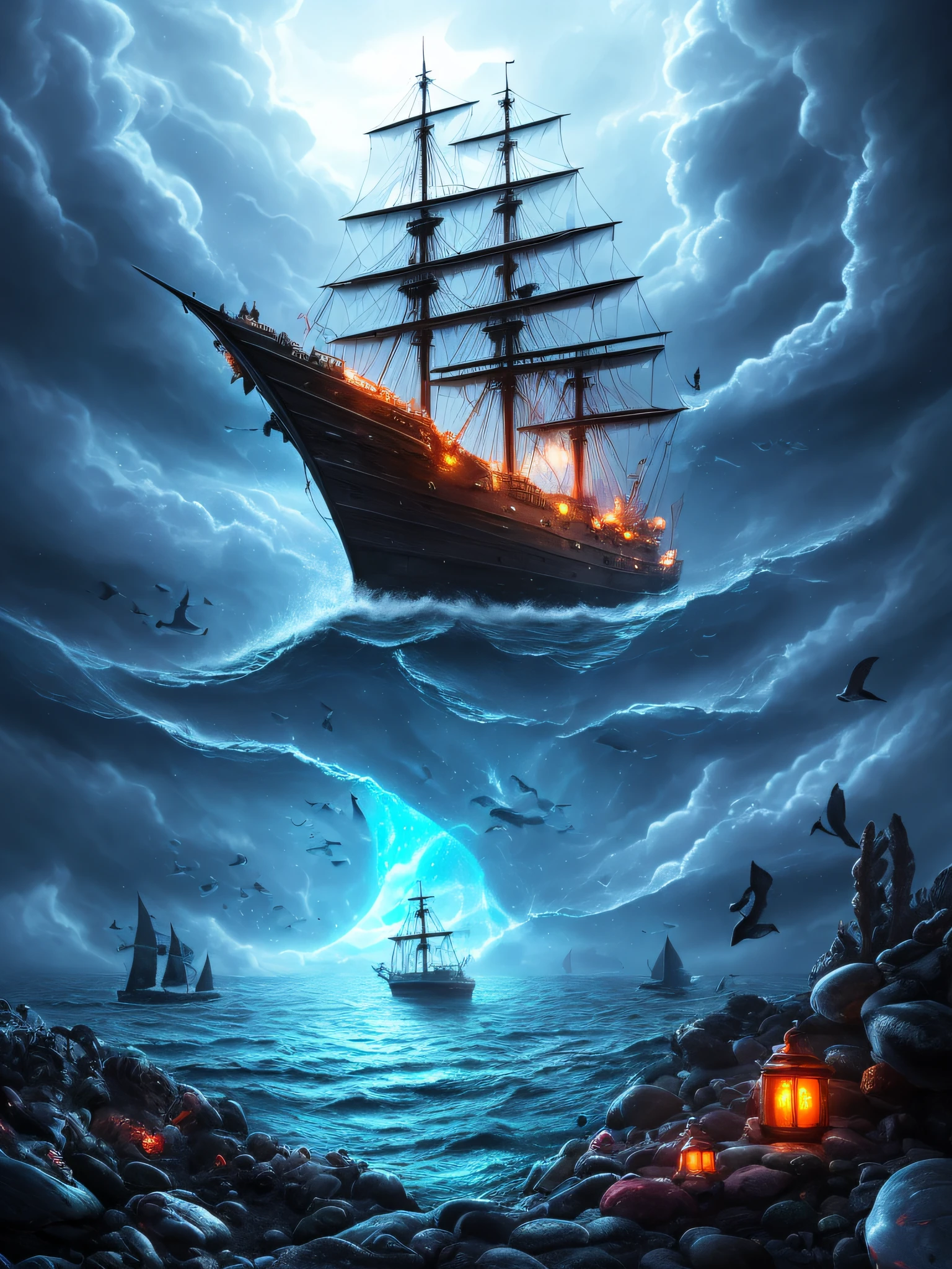 The ship is in the center of the ocean, dark night, violent storms, HD, mermaid, orange thunder background, best quality, some rocks around, rocks, best ship, mermaid on ocean, best mermaid, 16k, big ship, ship close to camera, Birds fly around, birds, night time, best lights, octane