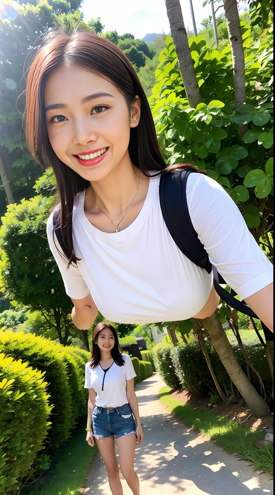 (8K,RAW photos,optimal quality,ultra high def,masterpaintings:1.2),(pphotorealistic,Photorealistic and realistic:1.37),Facial details HD,Delicate skin,professionallighting,photon maping,radiosity,bella ragazza,backpacks,Smile on your face,White teeth,Full body photo,The sky is clear,Cool summer clothes,Background forest,Background vista,Faraway view,tall mountain,Flowers all over the ground,with a sunbeam coming through the trees