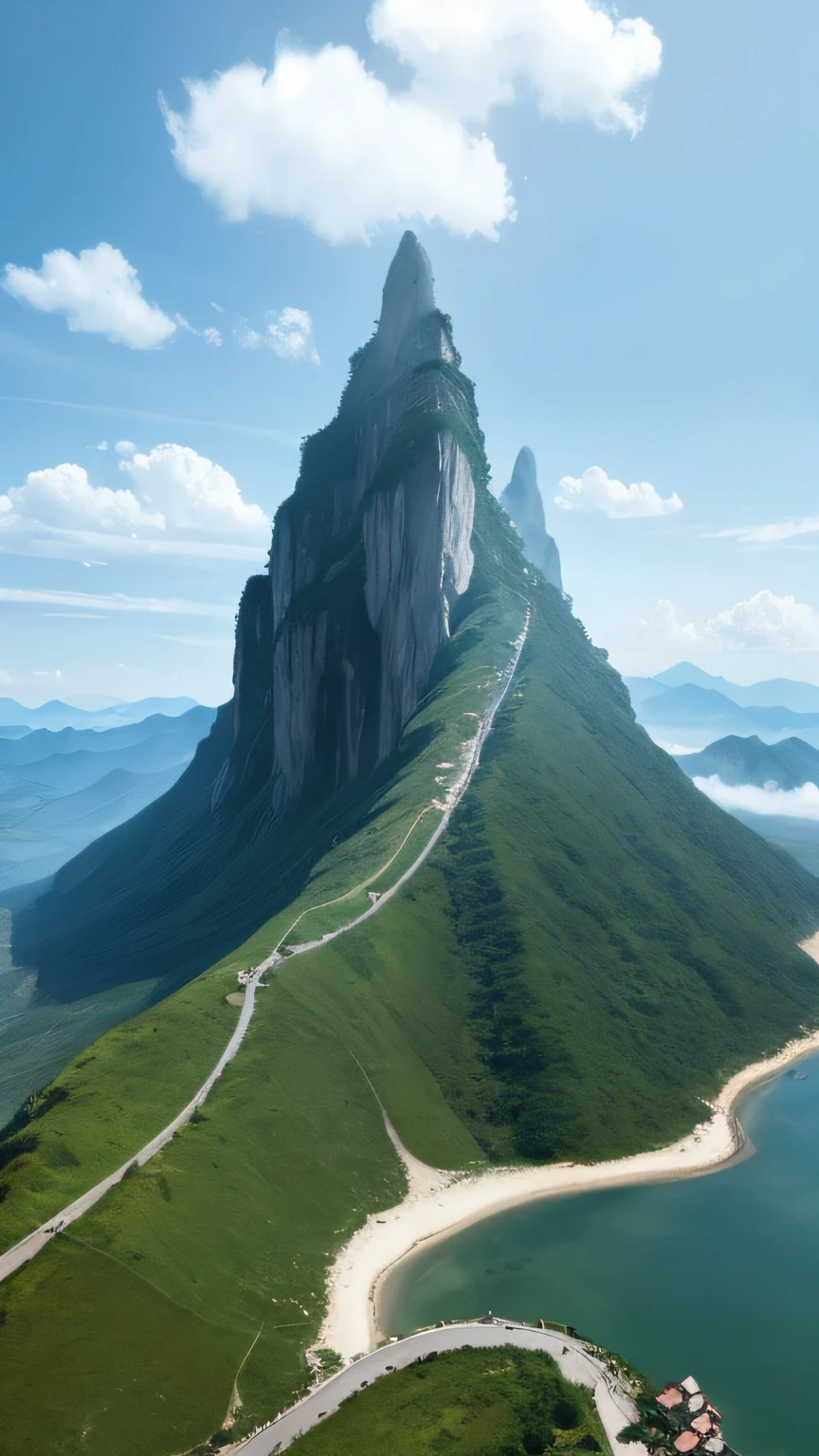 Mountains and a body of water,There is a road up the hill, large mountain, giant imposing mountain, “ aerial view of a mountain, a mountain look like a women, photorealistic landscape, tall mountain, beautiful mountains, author:Raymond Han, Detailed scenery —width 672, most epic landscape, beatiful mountain background, breathtaking mountains, epic matte painting of an island