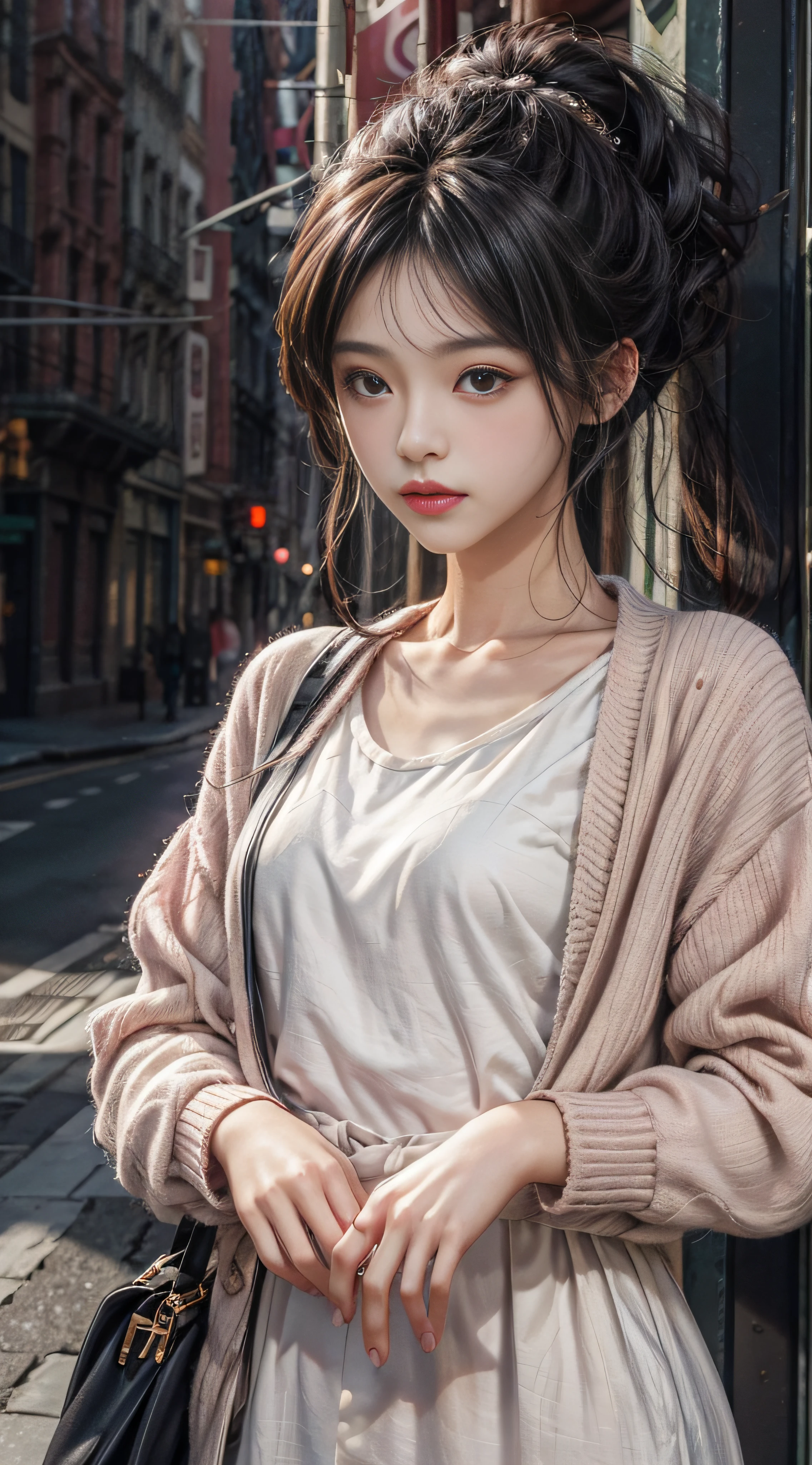 looking at the spectator,(Highly detailed skin:1.8),Black eyes,Petite athletic body,Semi-shaved hairstyle,white dress,Pink cardigan,