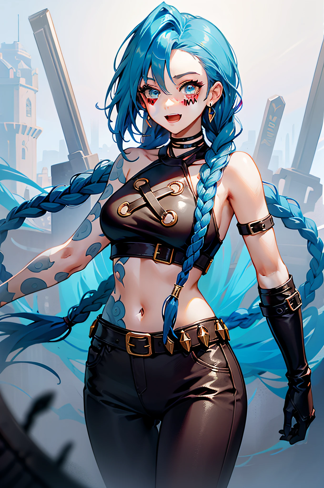 Jinx \(league of legend\), 1girl huge large breasts,Pixar style, Laugh,solo, Braid, twin braid, Long hair, Surprised Eyes,tattoo, Piercing, leather belts, Jewelry, Earrings, (big open eyes:0.9),see viewer, arm tattoos, (Background of medieval castles:1.1), Blue hair, Blush, Smile, v arms, necklac, Crop top, Small breasts, Green hair, shoulder tattoo, teeth, Open mouth, alternate costume, midriff, pants, Blue eyes,