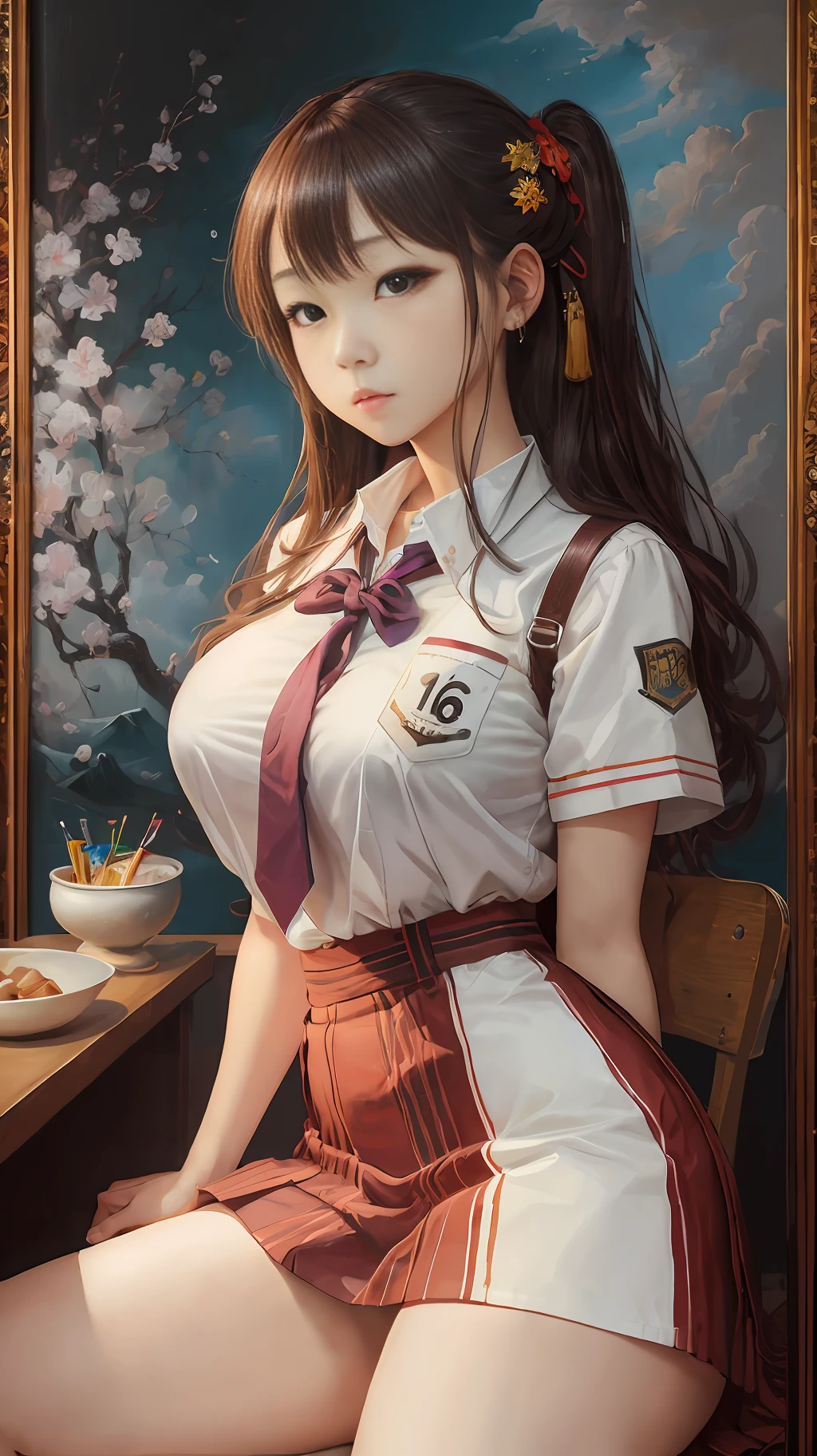 (optimal quality,16k, masterpaintings,ultra high def: 1.3) ,(extremely lifelike,真实感:1.3),1girl huge large breasts,Korean student,Temperamental beauty,Salt outfit, JK school uniform,Long legs --auto