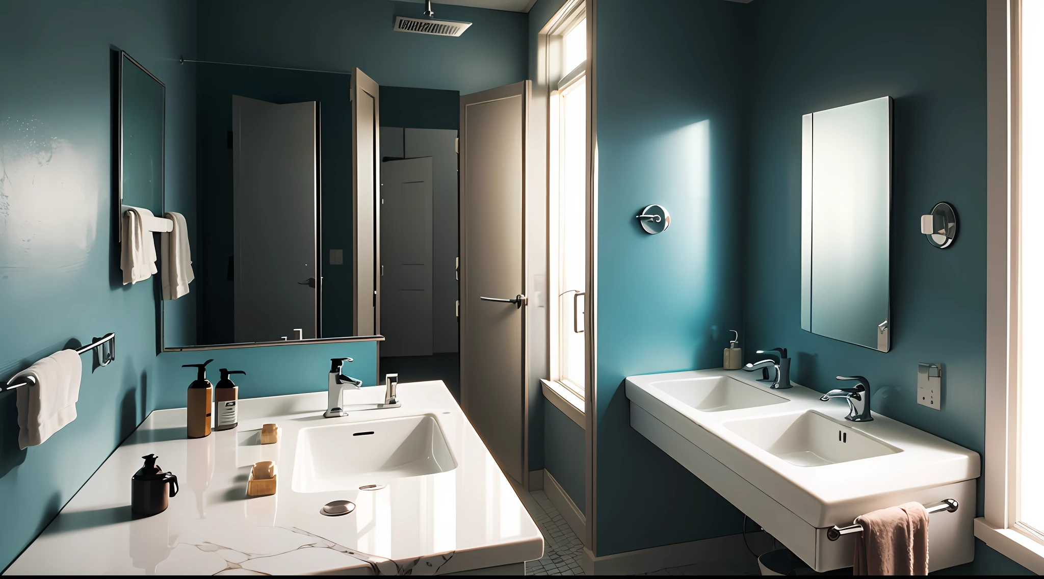 Bathroom scene，Handwashing stations，Double faucet double sink close-up，Photographic works，high-level，brutalist，mirrors，light and darkcontrast，complementary colours，reflective light，Vertical painting shadows，modern day，No Man --auto