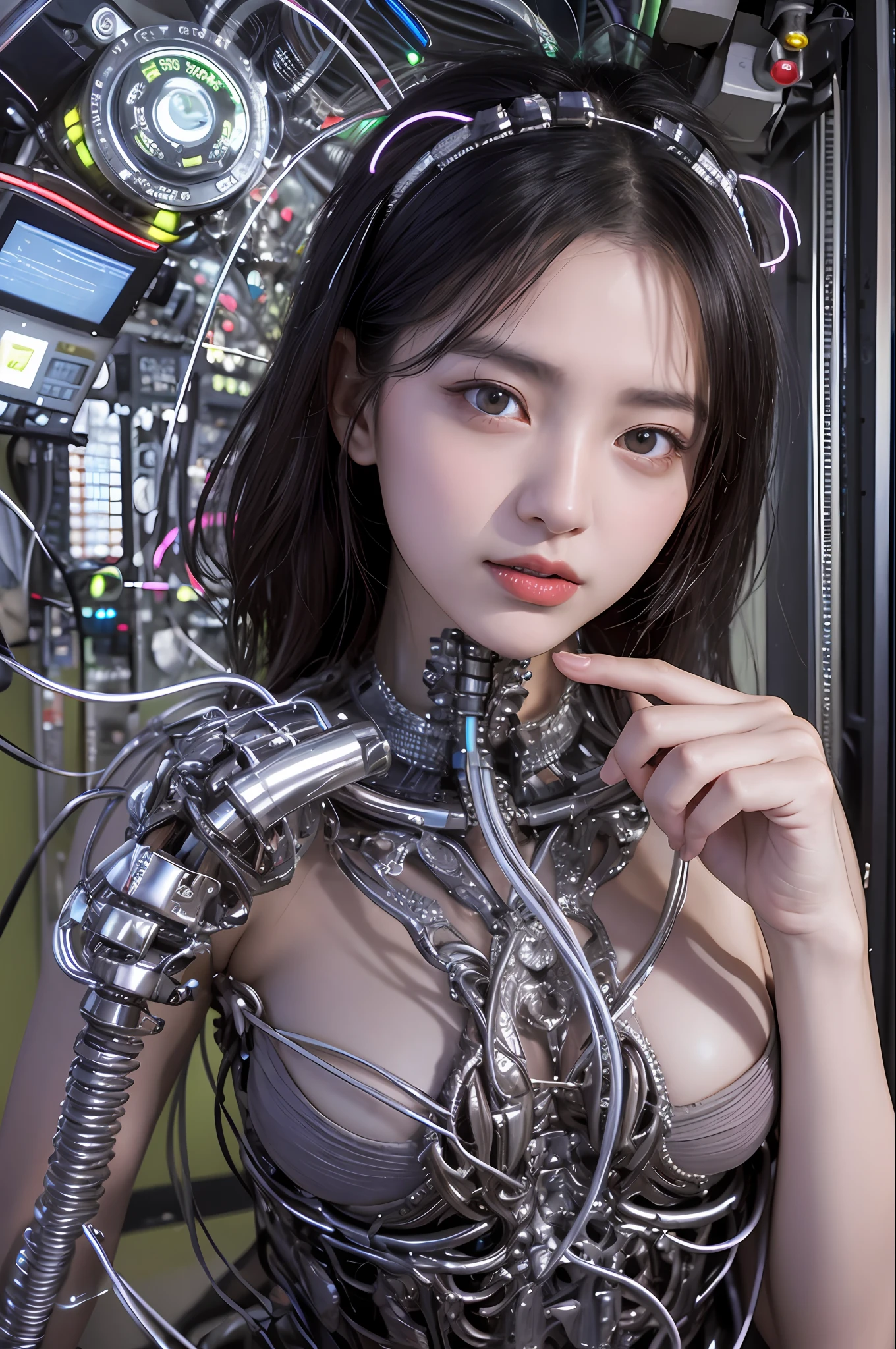 best  quality、A masterpice、UltraHighResolution、(photorealestic:1.4)、Raw photo、女の子1人、Black hair、glowy skin、1 Cyborg Girl、((hyper-realistic details))、portlate、Global Illumination、Shadow、Rendu octane、8K、ultrasharp、HugeBoobs、Raw skin is exposed in cleavage、metals、Details of complex ornaments、Details of Gundam Aerial、high intricate details、Realistic light、CGSoation Trends、purple colored eyes、glowing eye、Facing the camera、neon details、Mechanical limbs、blood vessels connected to tubes、Mechanical vertebrae attached to the back、mechanical cervical attaching to neck、sitting on、Wires and cables connecting to the head、Small LED lamps、Glowing tube、The background is the server room of the future、