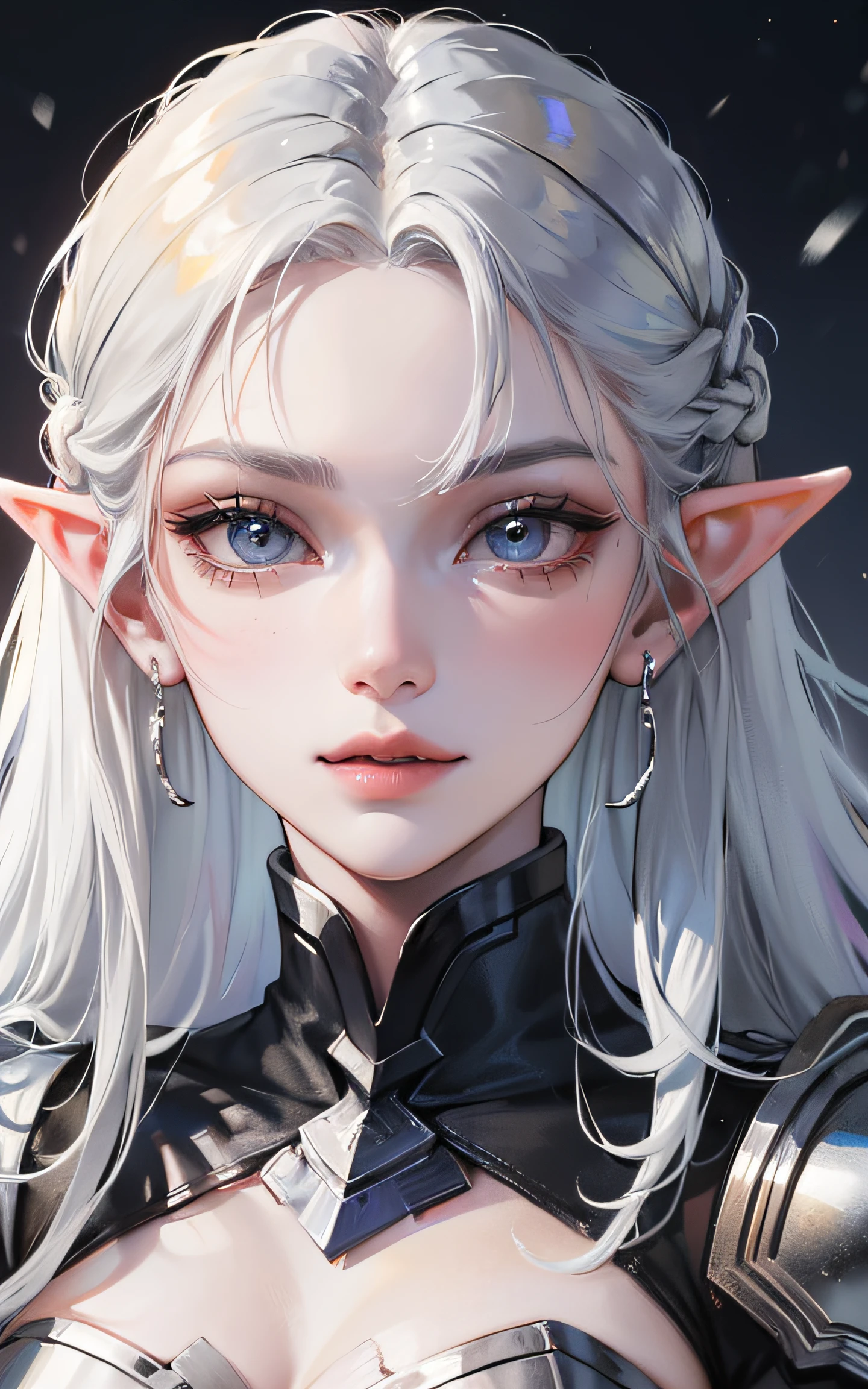 cyberpunk girl face, attractive, (((1man))), masterpiece, absurdres, best quality ,intricate details, (shiny skin, shiny body, shiny oily luster skin, shiny hair, pale skintone), Sundown, attractive, ((muscular)), adult, one, earrings, look at the view , white hair, braided hair, perfect detailed face, perfect detailed hands, nimbus, blue eyes, elf ears, smirk, silver ornaments, (((night))), moonlight, darkness, dark light, character seen from afar, winter clothes, perfect detailed eyes, perfect detailed face, perfect proportions, looks evil, dark, masculine, white armor, white clothes, portrait, head is straight, view from the front, shot with both shoulders and head straight