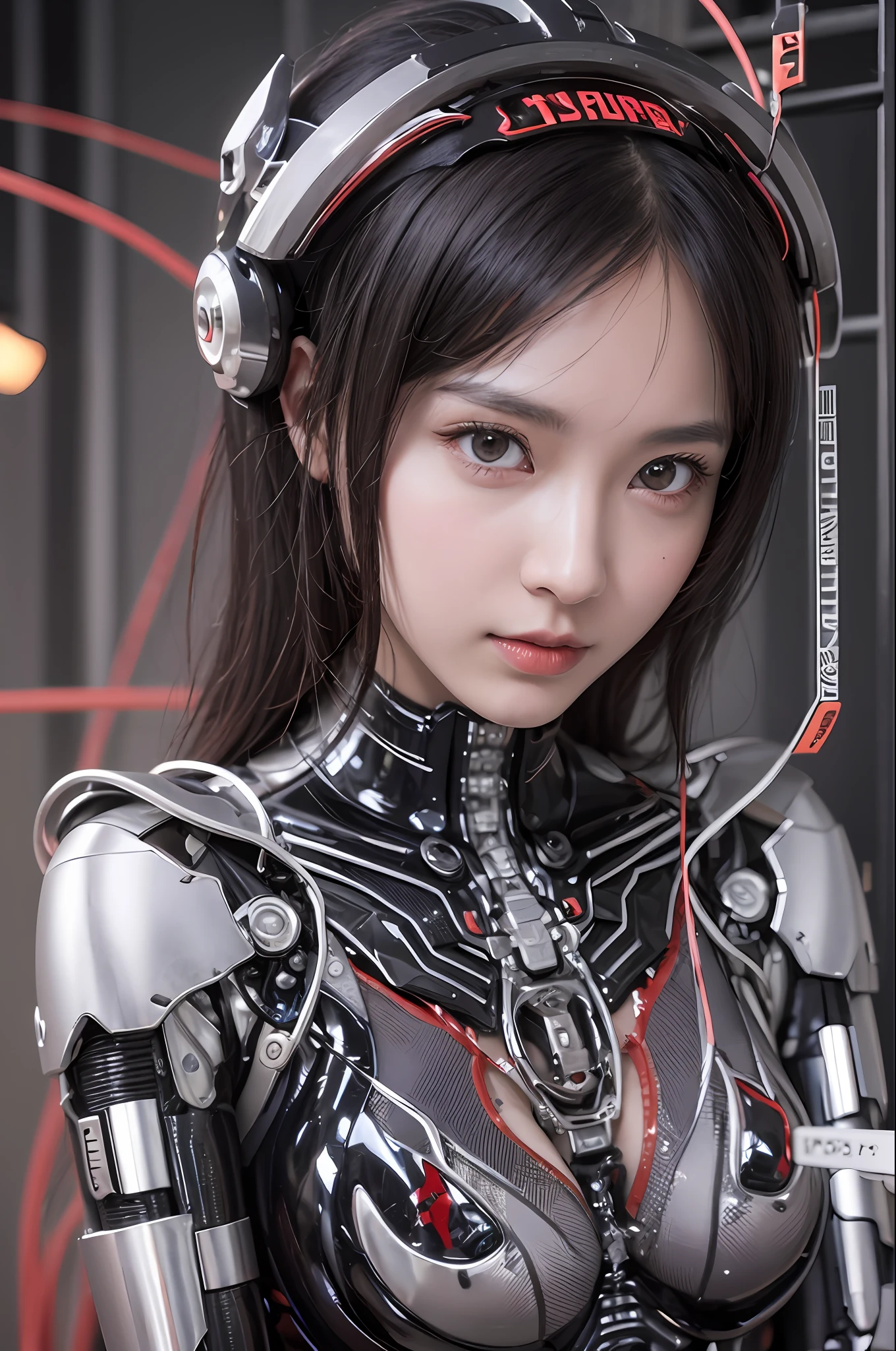 best  quality、A masterpice、UltraHighResolution、(photorealestic:1.4)、Raw photo、女の子1人、Black hair、glowy skin、1 Cyborg Girl、((hyper-realistic details))、portlate、Global Illumination、Shadow、Rendu octane、8K、ultrasharp、HugeBoobs、Raw skin is exposed in cleavage、metals、Details of complex ornaments、Details of Gundam Aerial、high intricate details、Realistic light、CGSoation Trends、purple colored eyes、glowing eye、Facing the camera、neon details、Mechanical limbs、blood vessels connected to tubes、Mechanical vertebrae attached to the back、mechanical cervical attaching to neck、sitting on、Wires and cables connecting to the head、Small LED lamps、Glowing tube、The background is the server room of the future、