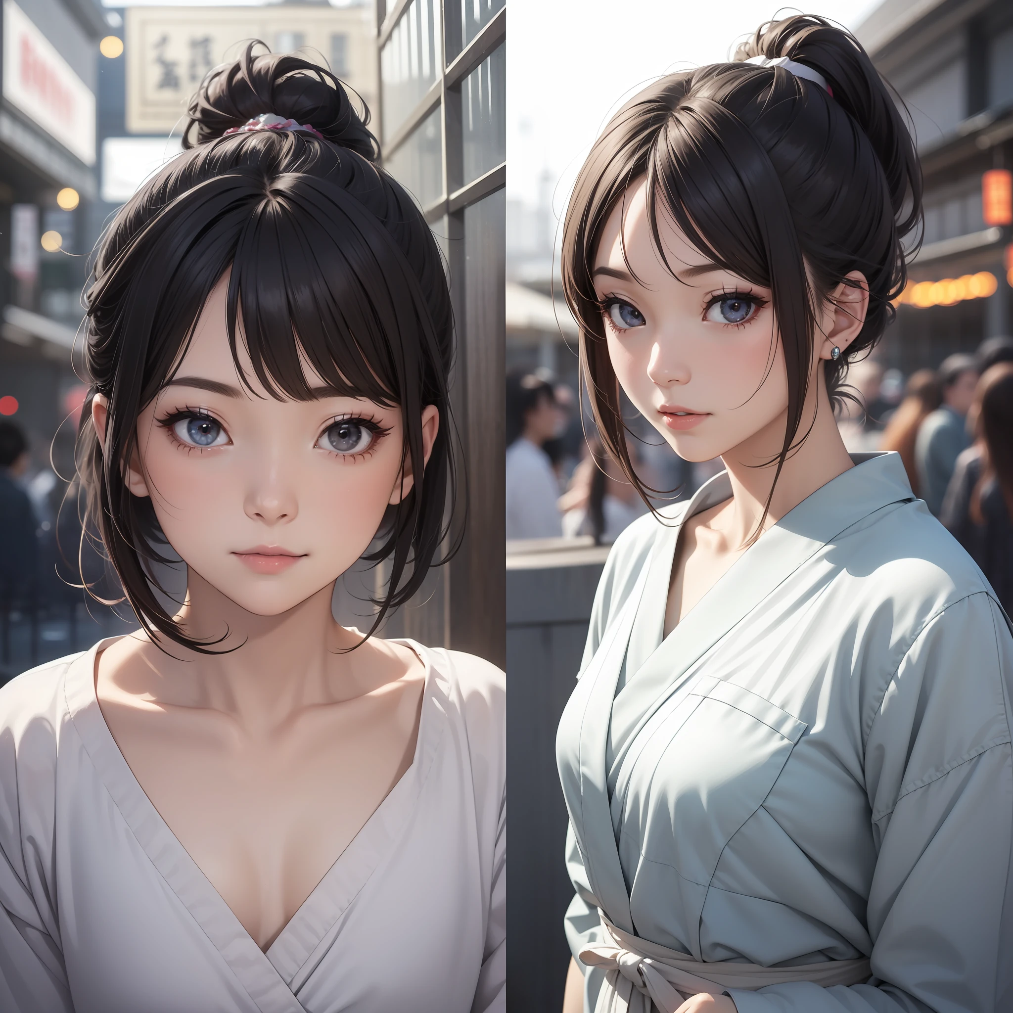 Girl 1 person、beste-Quality、pphotorealistic: 1.37、ultra-high-resolution、A masterpice、plein-air、detailed eye、Nice eye makeup、authentic skin、flawless anatomy、short-hair、(PureErosFace_V1:0.8)、detailed faces、bathrobe、fair、kyoto、festival、fan、Black hair ponytail、by night、