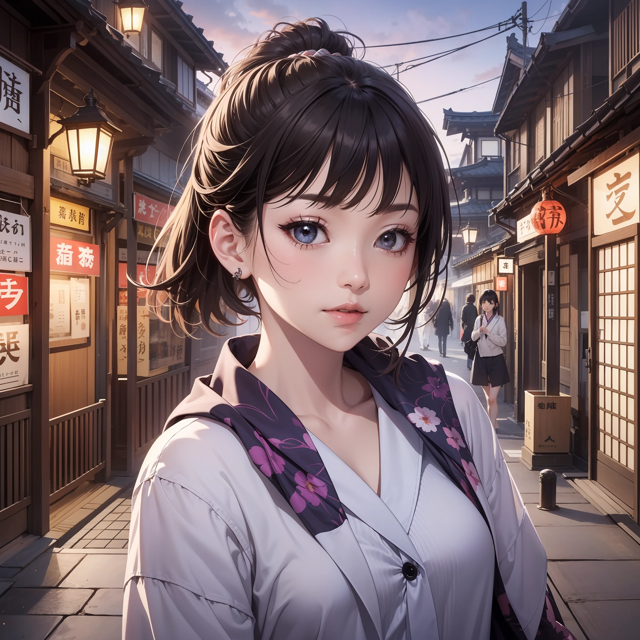 Girl 1 person、beste-Quality、pphotorealistic: 1.37、ultra-high-resolution、A masterpice、plein-air、detailed eye、Nice eye makeup、authentic skin、flawless anatomy、short-hair、(PureErosFace_V1:0.8)、detailed faces、bathrobe、fair、kyoto、festival、fan、Black hair ponytail、by night、
