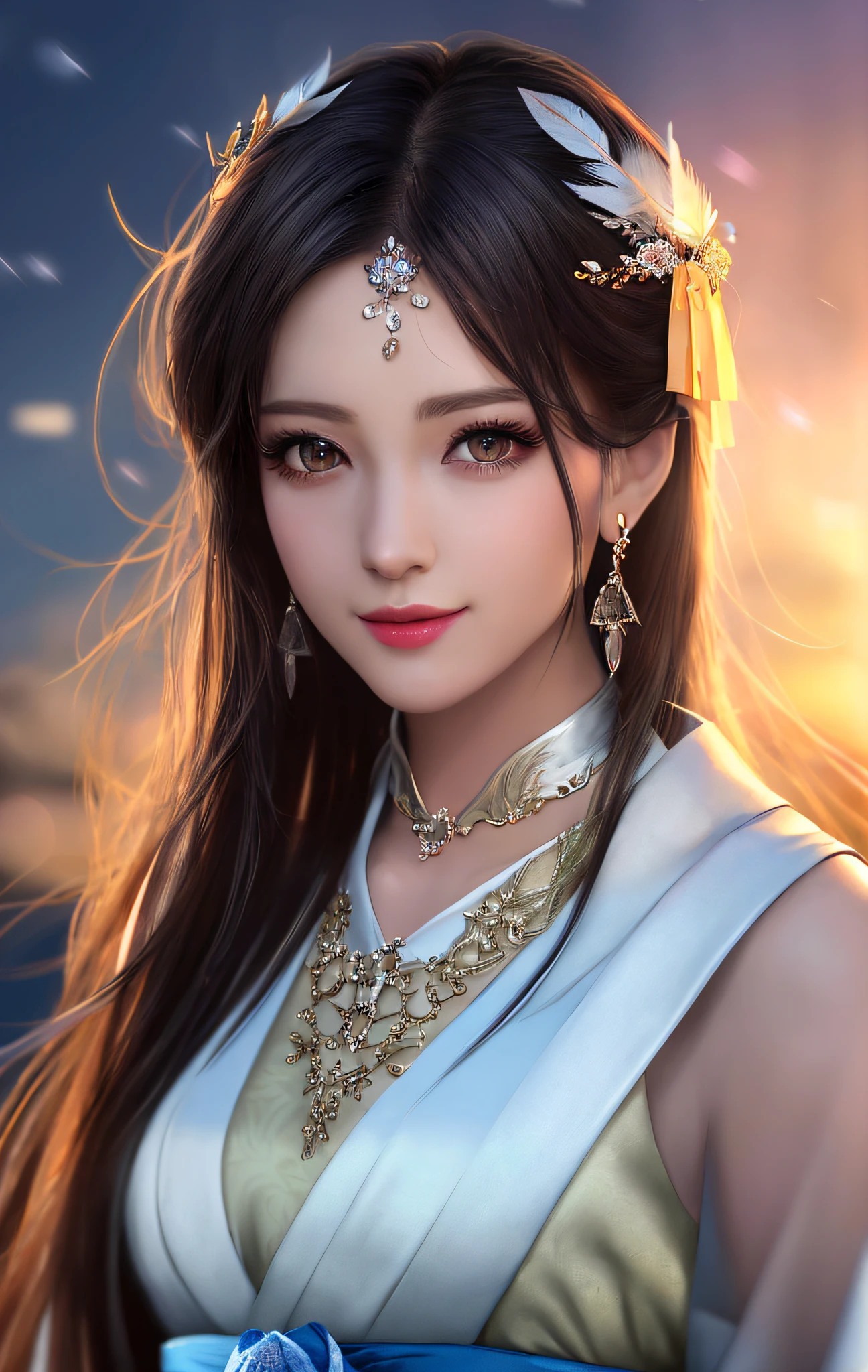 （optimal quality，masterpaintings，high resolucion），1girl，（sportrait），White silk long dress，Smile with，closed mouths，res lips，cleavage dress，Hanfu，necklac，jewelries，length hair，耳环，beatutiful face，on the body，dingdall effect，pphotorealistic，edgelighting，duotone lighting，（High Detail Skins：1.2），8k UHD，DSLR，softlighting，high qulity，Volumetriclighting，Frankness，high resolucion，4k，8k，Background bokeh，a fantasy forest，Feather drop effect，Morning, Close-up