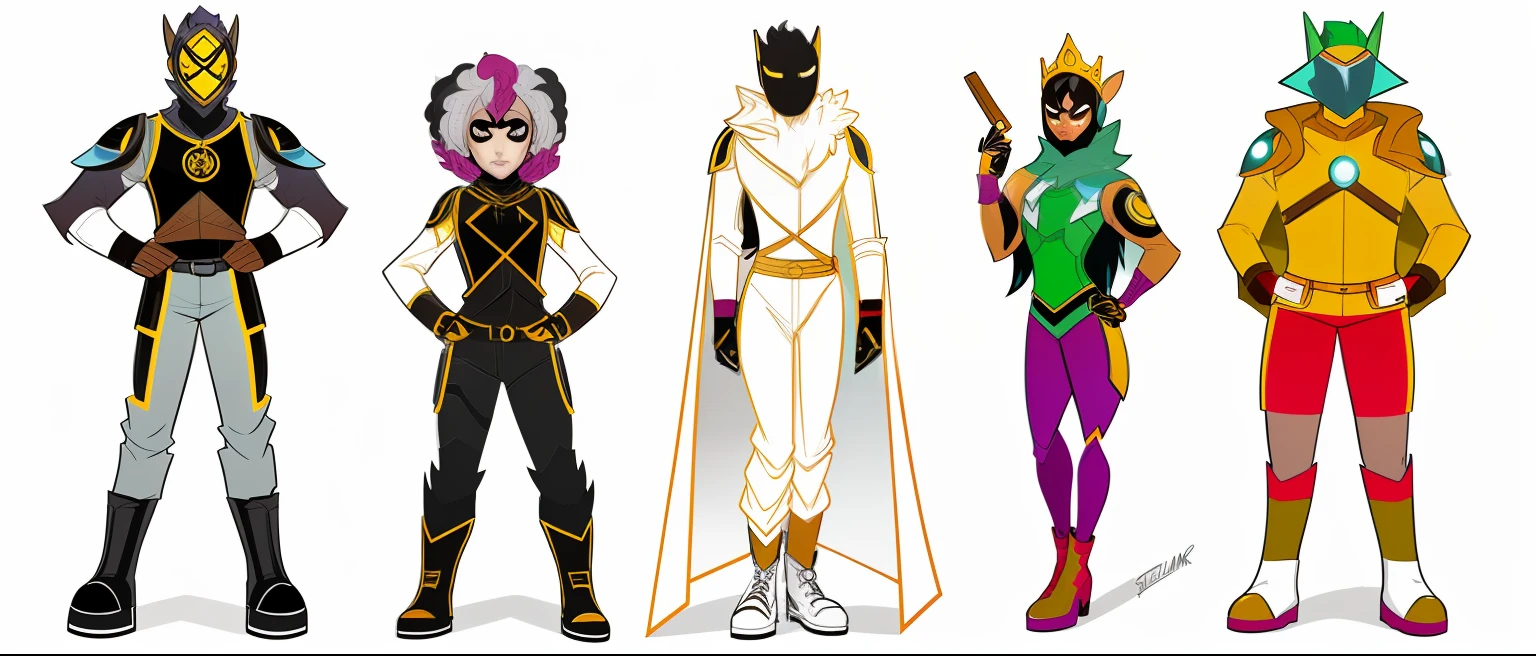 a group of cartoon characters dressed in different outfits, comic character design, 90s comic book character design, human game protagonist designs, video game characters designs, several character designs, trending on character design, masked heroes, character mashup, full body concept art, three futuristic princes, inspired by Dustin Nguyen, characters merged, Professional character design, Full body character design