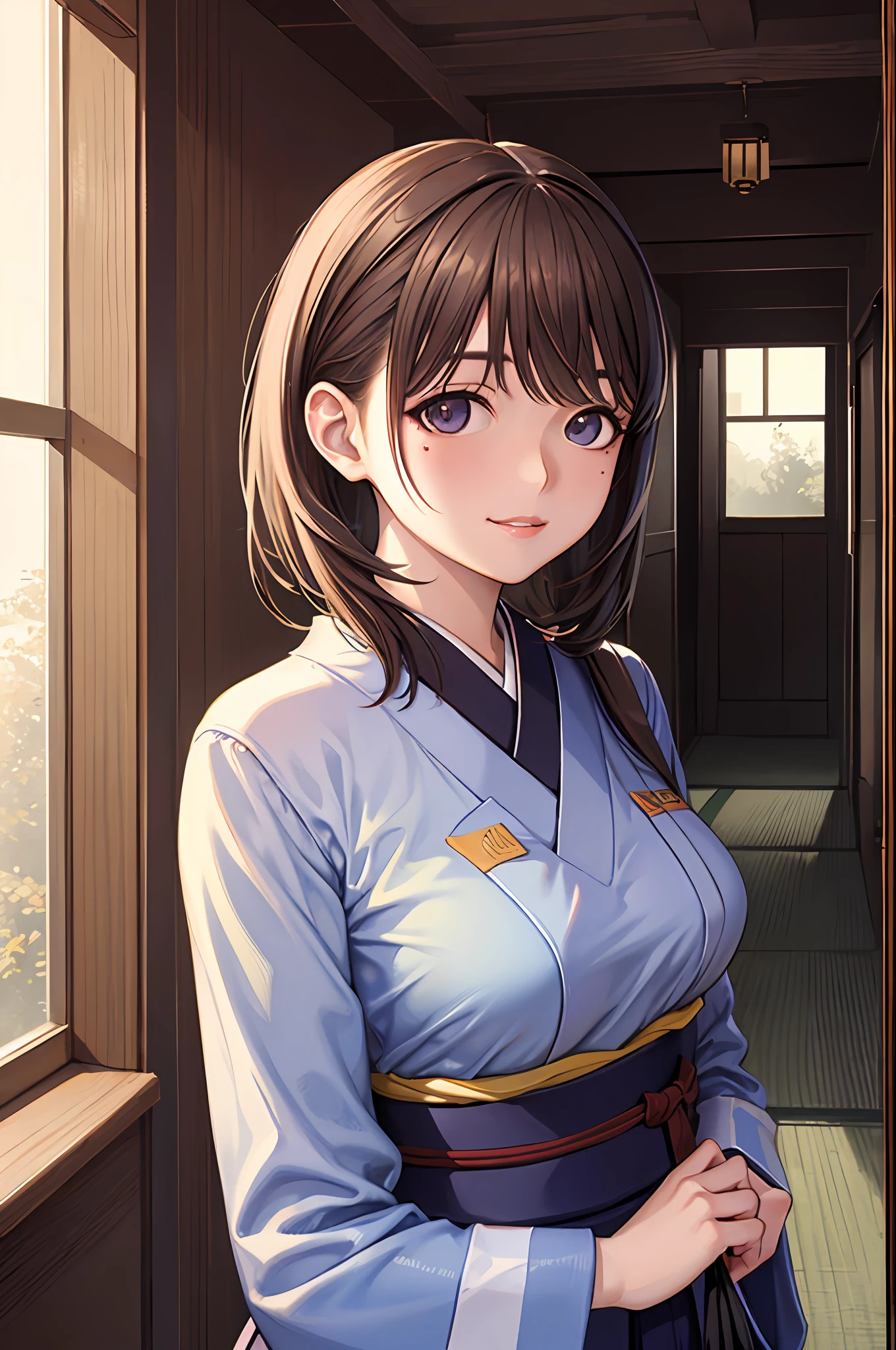 ((masterpiece)), ((best quality)), (ultra-detailed), ((kawaii)), cute, (lovely), ((sexy)),  ((extremely detailed)), 4K, (8K), best quality, (beautiful), ((cinematic light)), anime style, upper body, colorful, full body focus, Japanese-style room, night, a pretty woman, solo, kimono, japanese cloth, beautiful light brown hair, beautiful purple eyes, ((beautiful eyes)), white-skinned, ponytail, large breast, hair ornaments, light smile, lens flare, reflection effect
