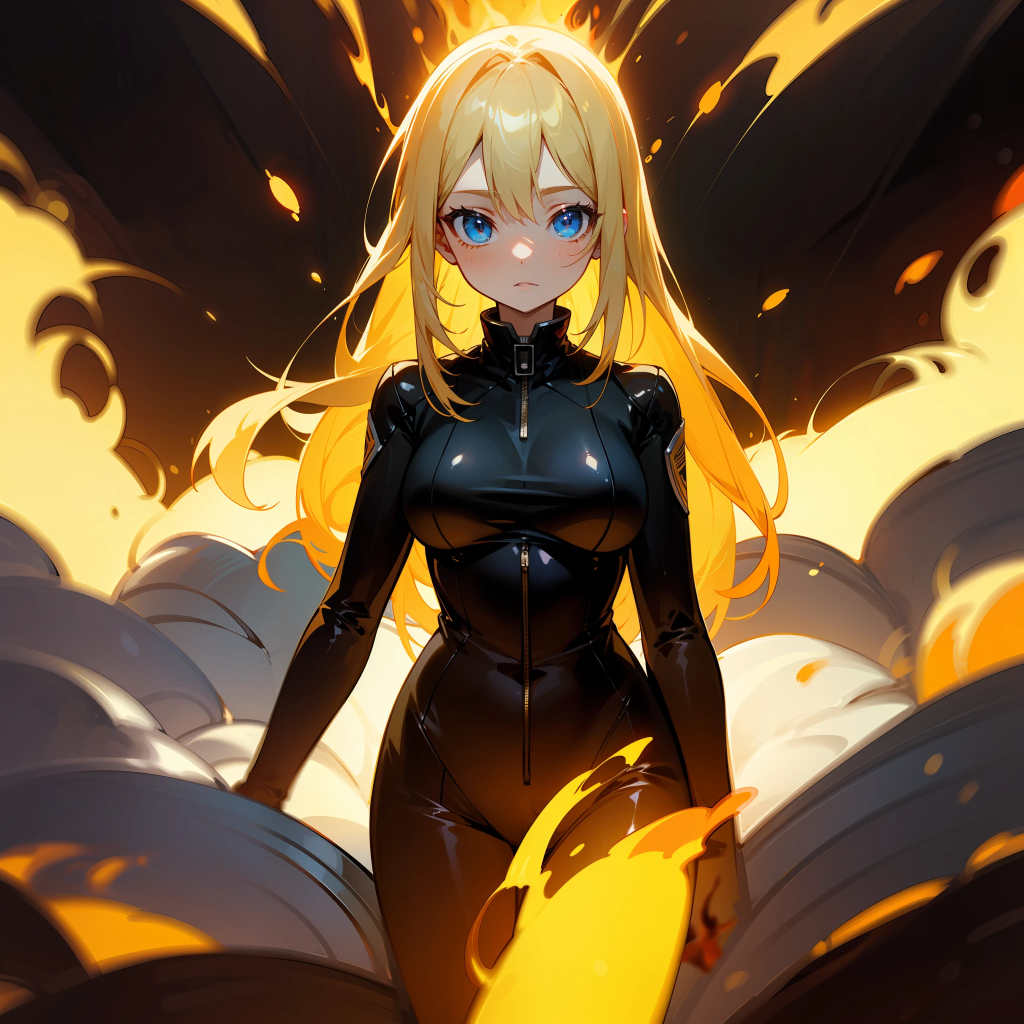 A masterpice, Top image quality, Hi-Def, Beautiful blonde girl、Whole human body、Blue eyes、Black bodysuit、semi long hair、Military base exploding in flames、Burning flames、