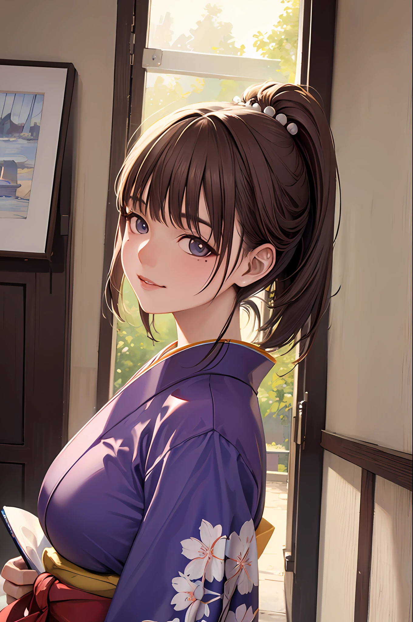 ((masterpiece)), ((best quality)), (ultra-detailed), ((kawaii)), cute, (lovely), ((sexy)), ((extremely detailed)), 4K, (8K), best quality, (beautiful), ((cinematic light)), anime style, upper body, colorful, full body focus, Japanese-style room, night, a pretty woman, solo, kimono, japanese cloth, beautiful light brown hair, beautiful purple eyes, ((beautiful eyes)), white-skinned, ponytail, large breast, hair ornaments, light smile, lens flare, reflection effect