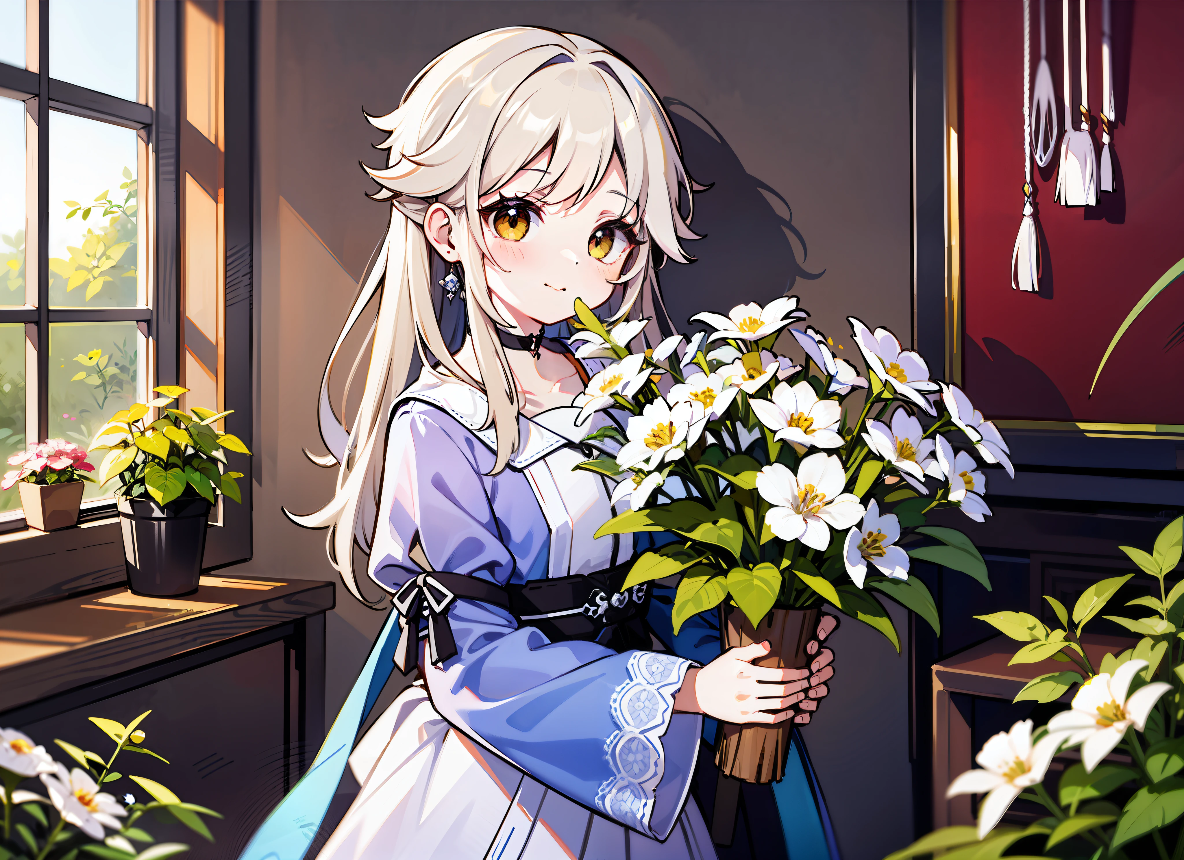 styled, masterpaintings, optimal quality, Special details, illustration,Sweet,interaction,Tuuli,florals,Lover holding flowers,Atmosphere of love,Fresh tones,Simple background,Girls have long white hair,The boy has short white hair,